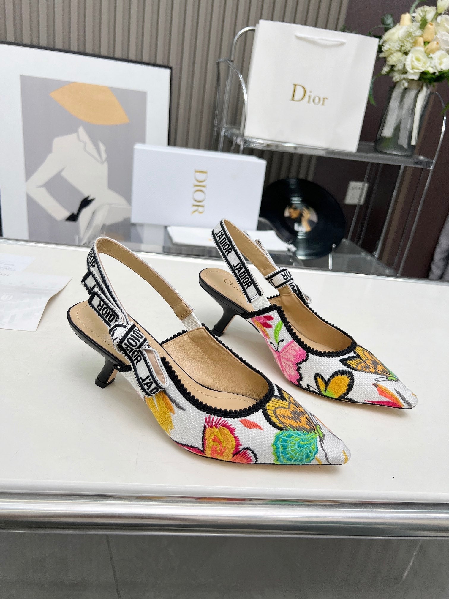 DIOR J'A SLINGBACK PUMP COLORFUL NATURAL RAFFIA AND EMBROIDERED COTTON 65 MM 130844
