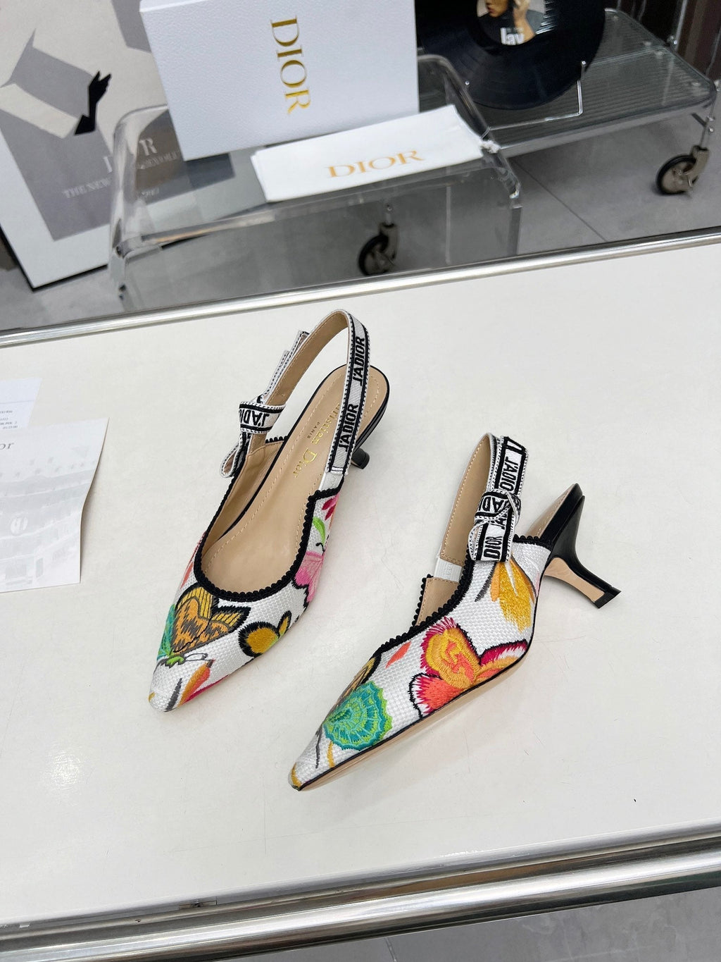 DIOR J'A SLINGBACK PUMP COLORFUL NATURAL RAFFIA AND EMBROIDERED COTTON 65 MM 130844