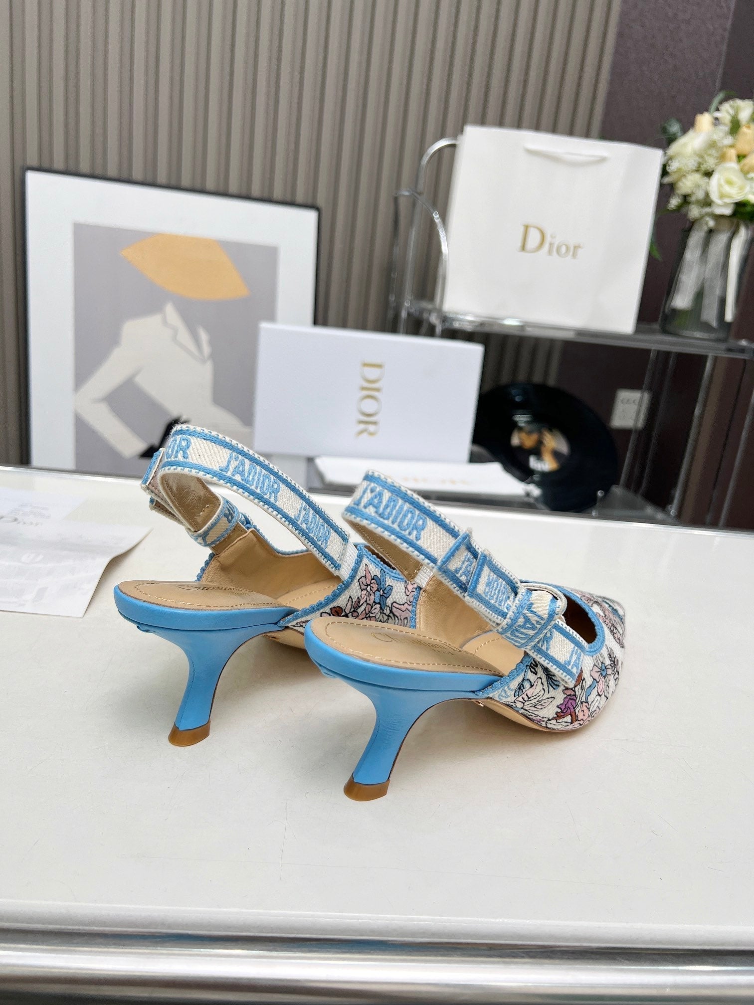 DIOR J'A SLINGBACK PUMP COLORFUL NATURAL RAFFIA AND EMBROIDERED COTTON 65 MM 130845