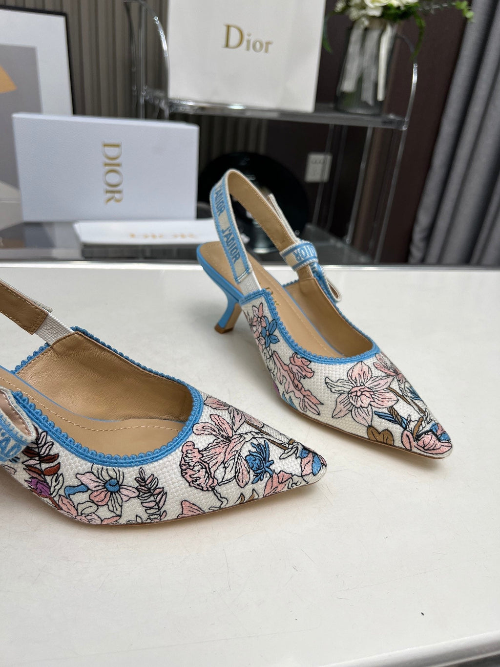 DIOR J'A SLINGBACK PUMP COLORFUL NATURAL RAFFIA AND EMBROIDERED COTTON 65 MM 130845