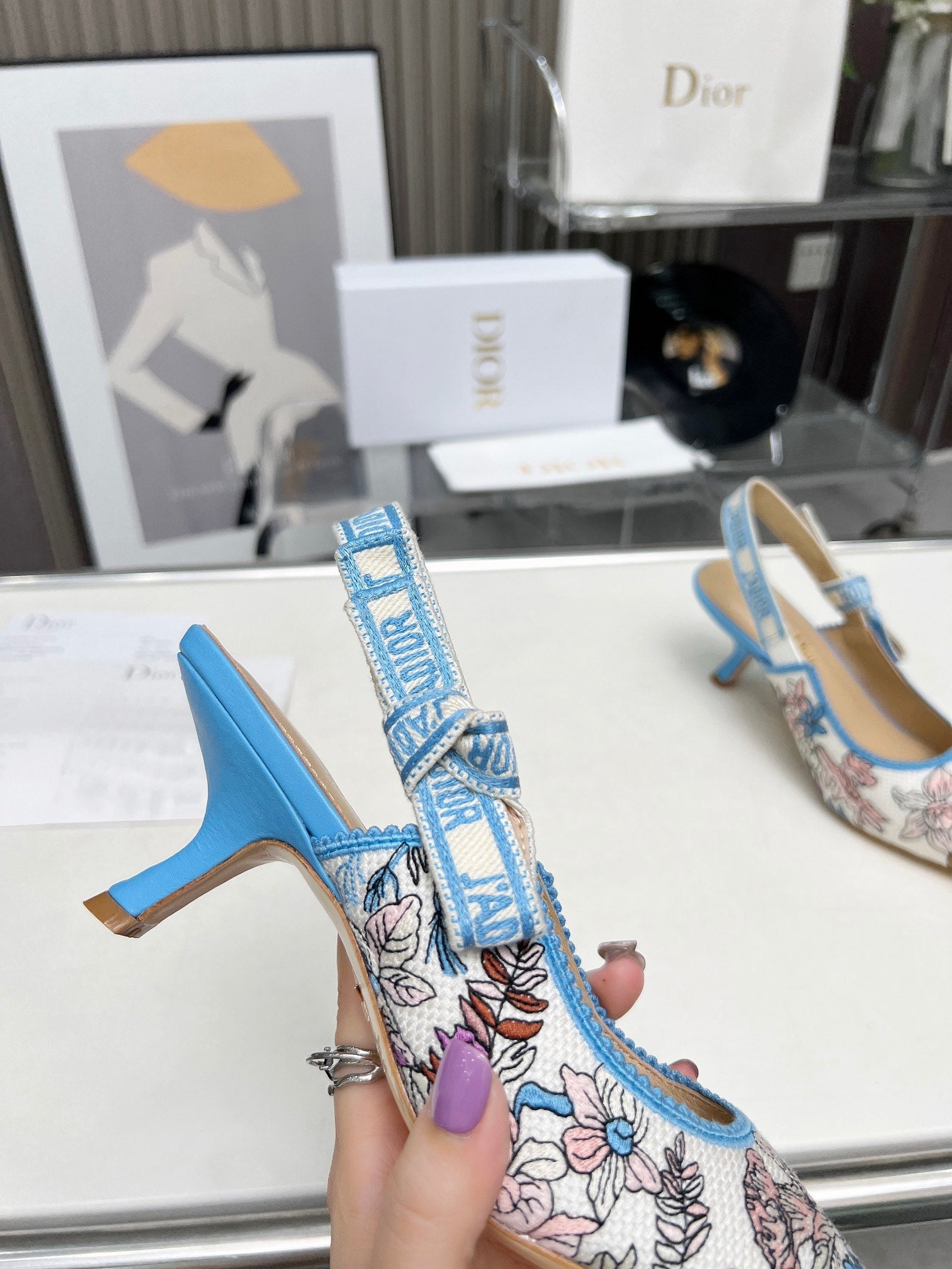 DIOR J'A SLINGBACK PUMP COLORFUL NATURAL RAFFIA AND EMBROIDERED COTTON 65 MM 130845