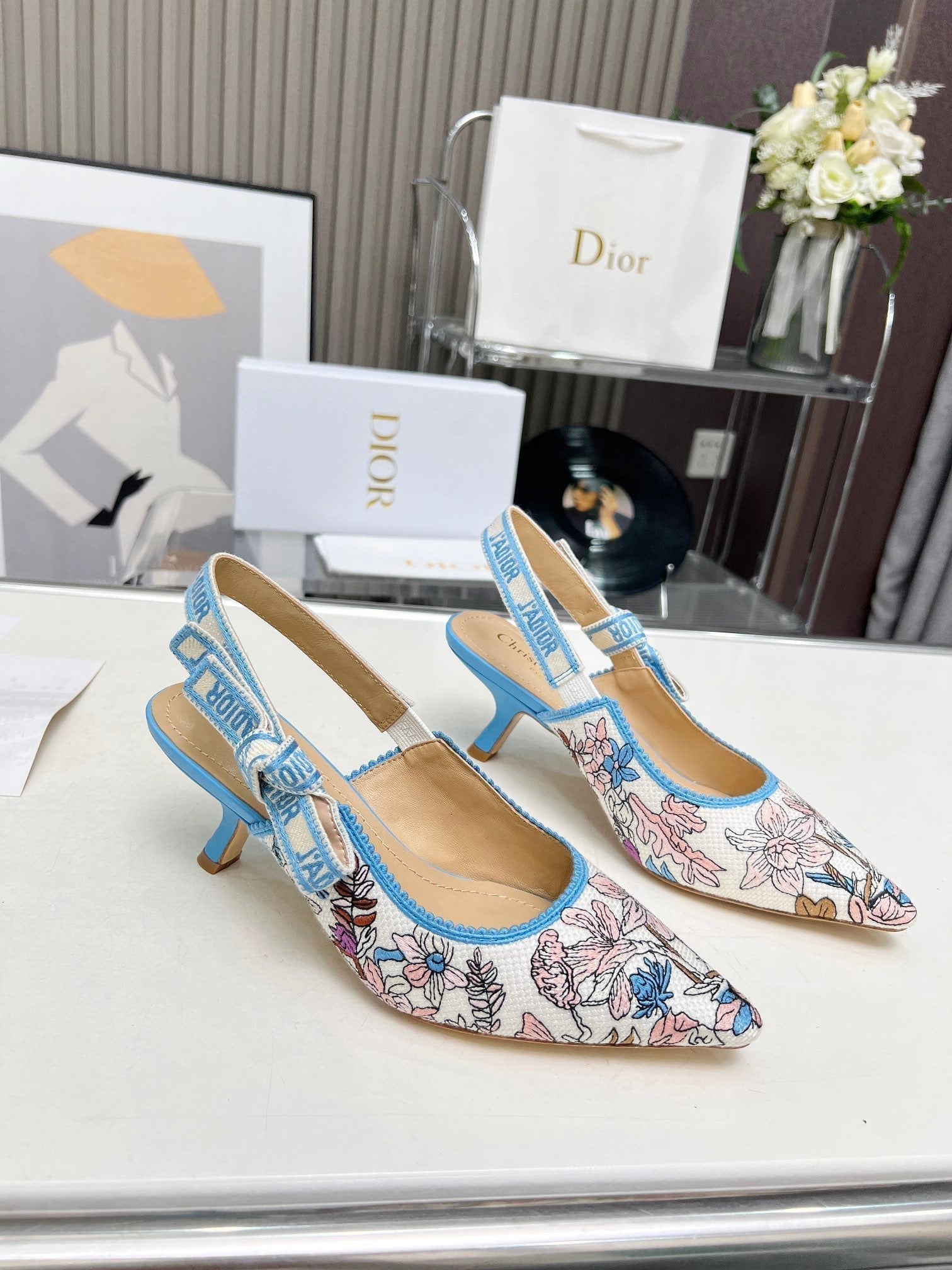 DIOR J'A SLINGBACK PUMP COLORFUL NATURAL RAFFIA AND EMBROIDERED COTTON 65 MM 130845