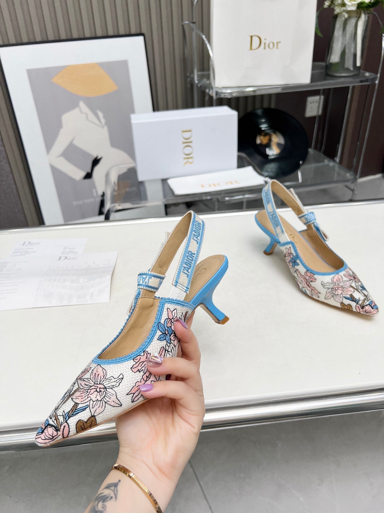 DIOR J'A SLINGBACK PUMP COLORFUL NATURAL RAFFIA AND EMBROIDERED COTTON 65 MM 130845
