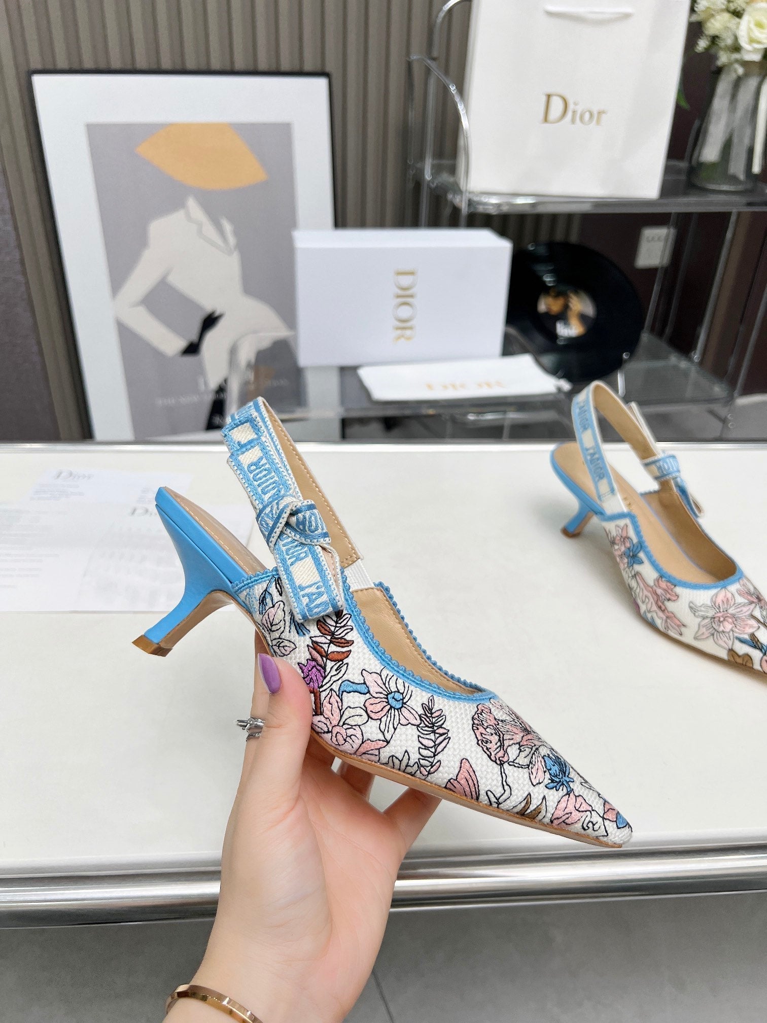 DIOR J'A SLINGBACK PUMP COLORFUL NATURAL RAFFIA AND EMBROIDERED COTTON 65 MM 130845