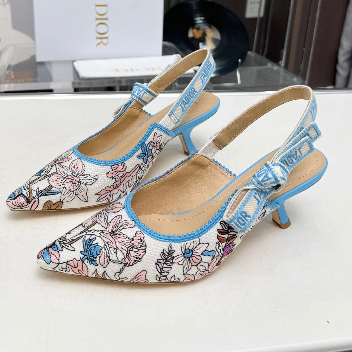 DIOR J'A SLINGBACK PUMP COLORFUL NATURAL RAFFIA AND EMBROIDERED COTTON 65 MM 130845