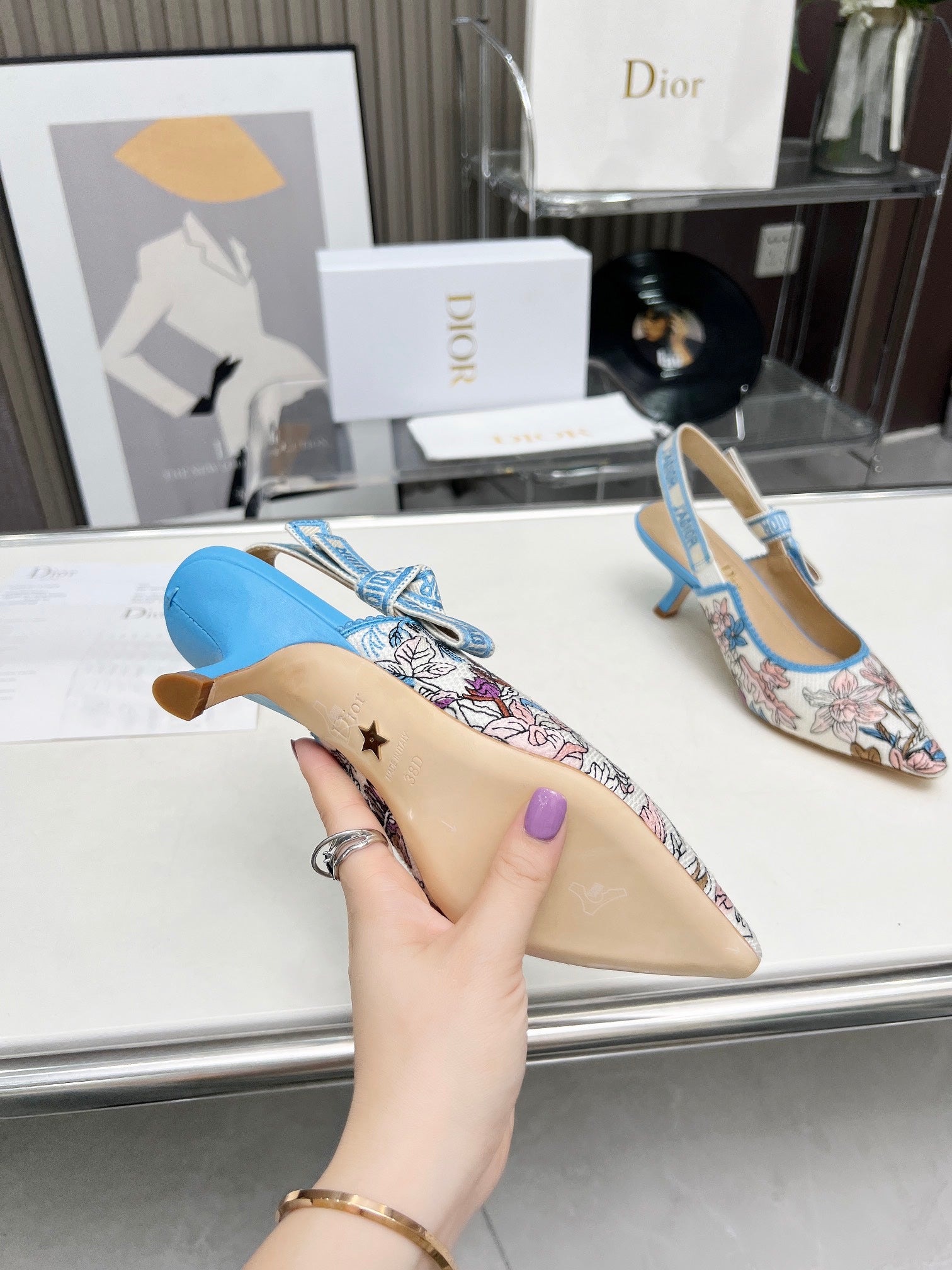 DIOR J'A SLINGBACK PUMP COLORFUL NATURAL RAFFIA AND EMBROIDERED COTTON 65 MM 130845