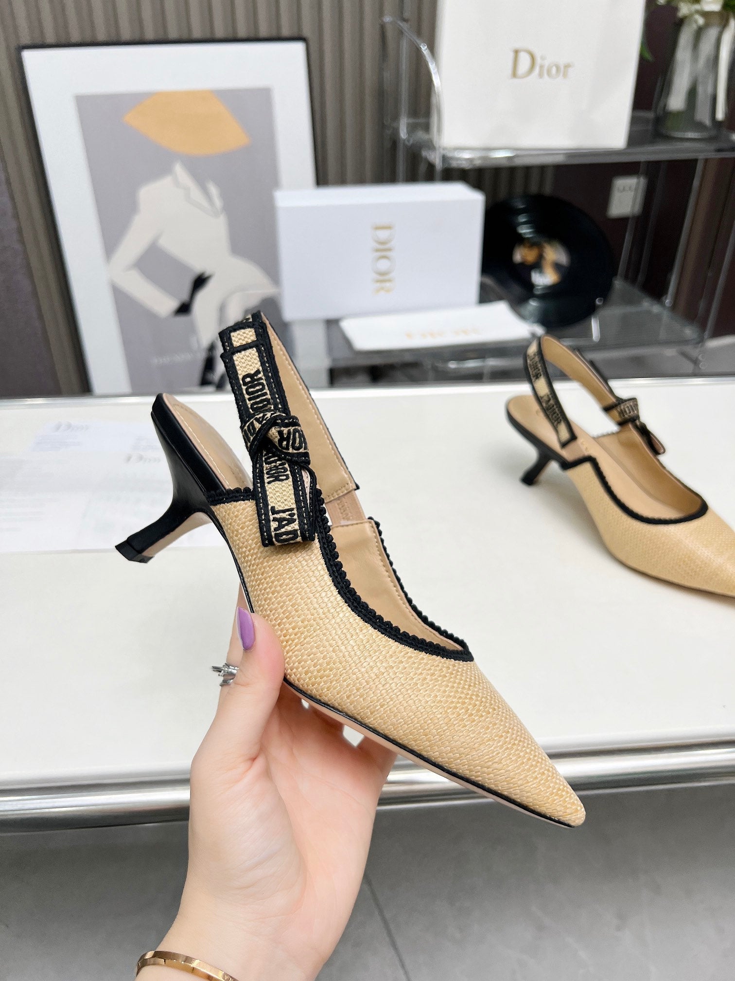 DIOR J'A SLINGBACK PUMP NATURAL RAFFIA AND BLACK EMBROIDERED COTTON 65 MM