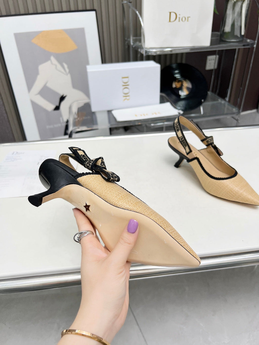 DIOR J'A SLINGBACK PUMP NATURAL RAFFIA AND BLACK EMBROIDERED COTTON 65 MM