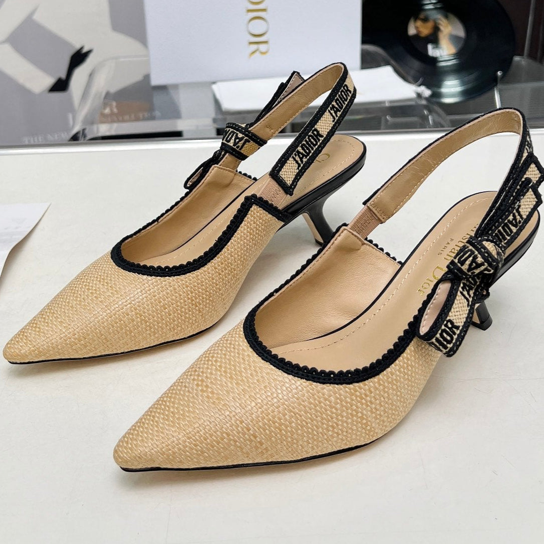 DIOR J'A SLINGBACK PUMP NATURAL RAFFIA AND BLACK EMBROIDERED COTTON 65 MM