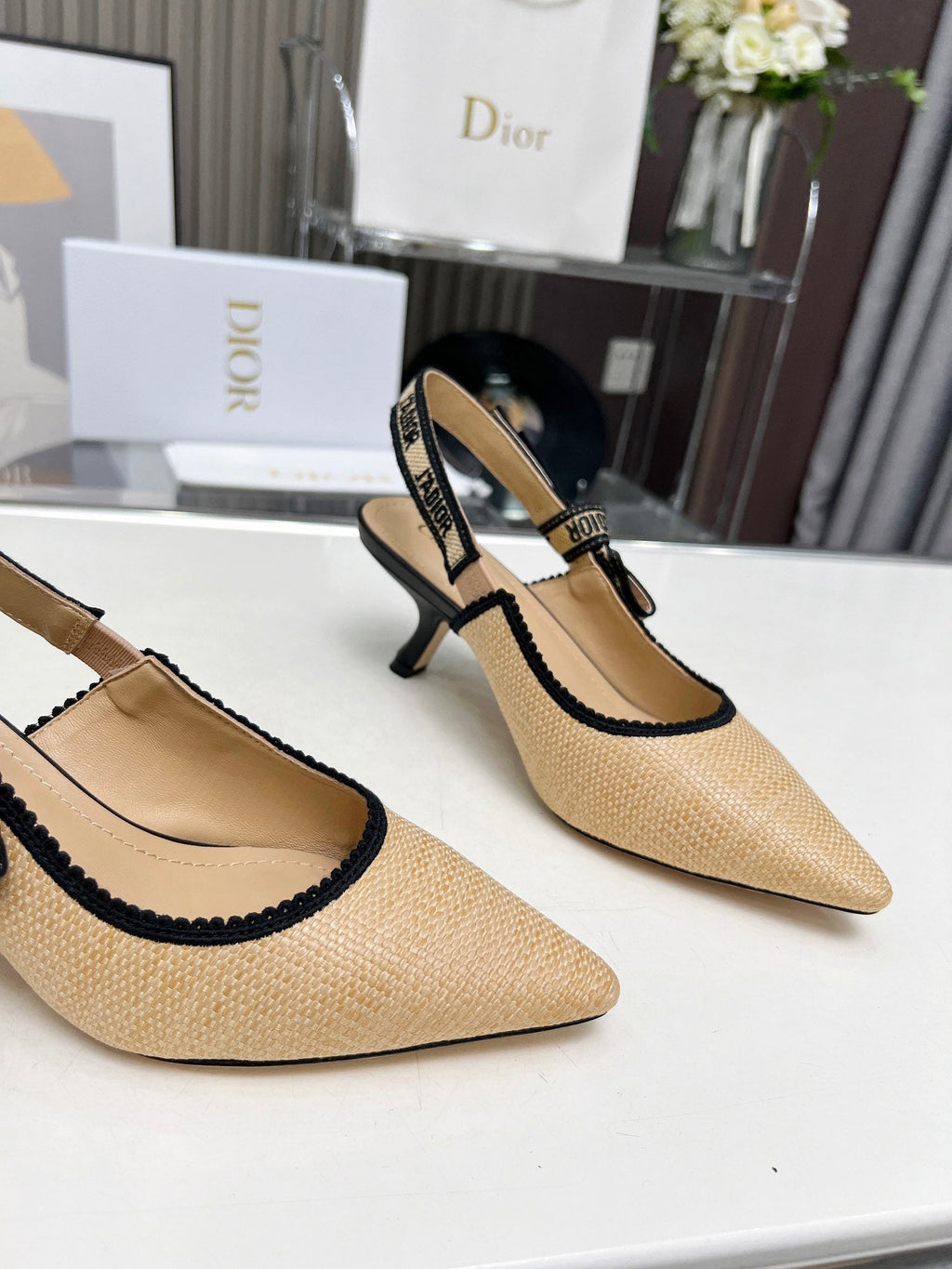 DIOR J'A SLINGBACK PUMP NATURAL RAFFIA AND BLACK EMBROIDERED COTTON 65 MM