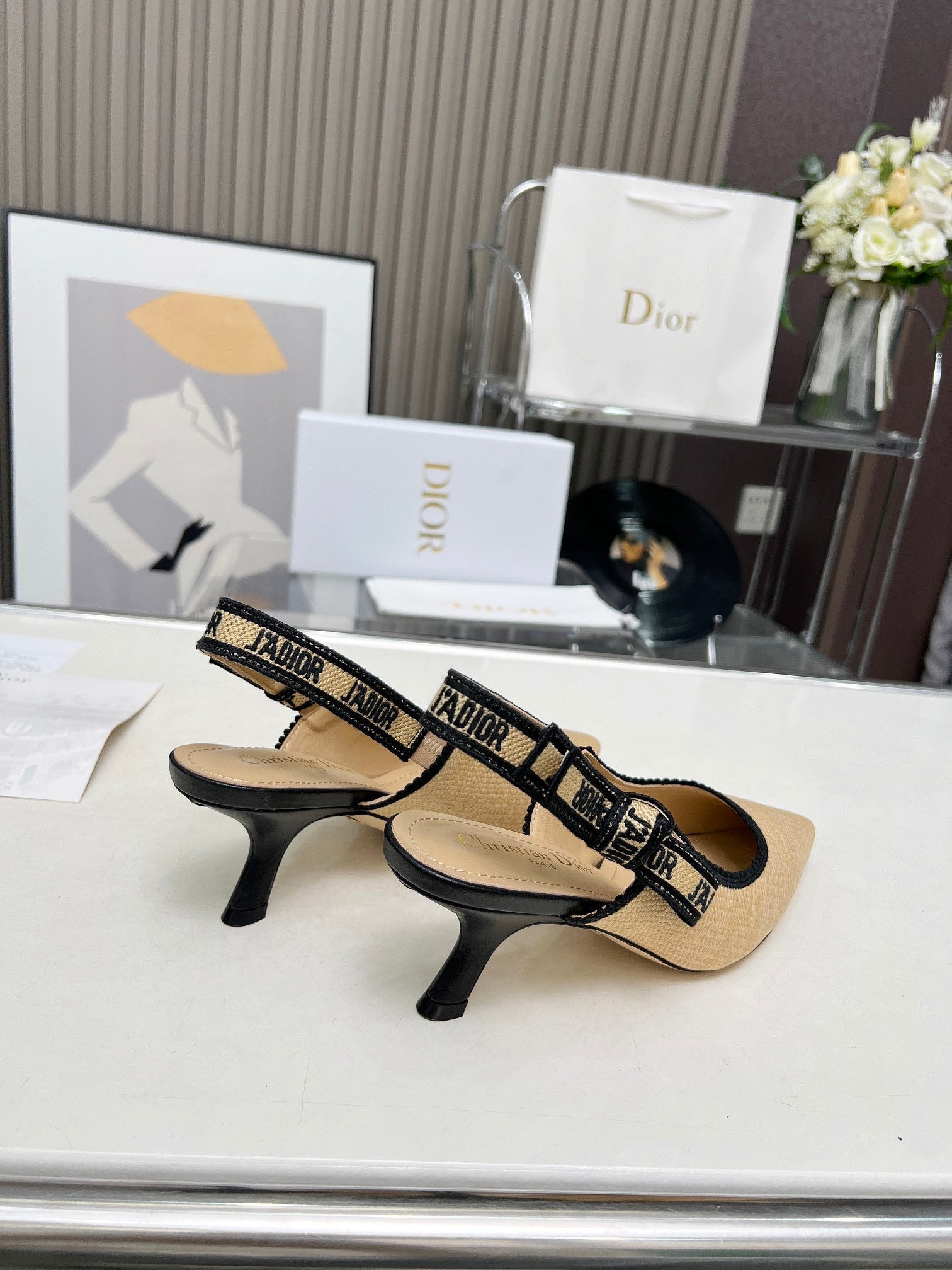 DIOR J'A SLINGBACK PUMP NATURAL RAFFIA AND BLACK EMBROIDERED COTTON 65 MM