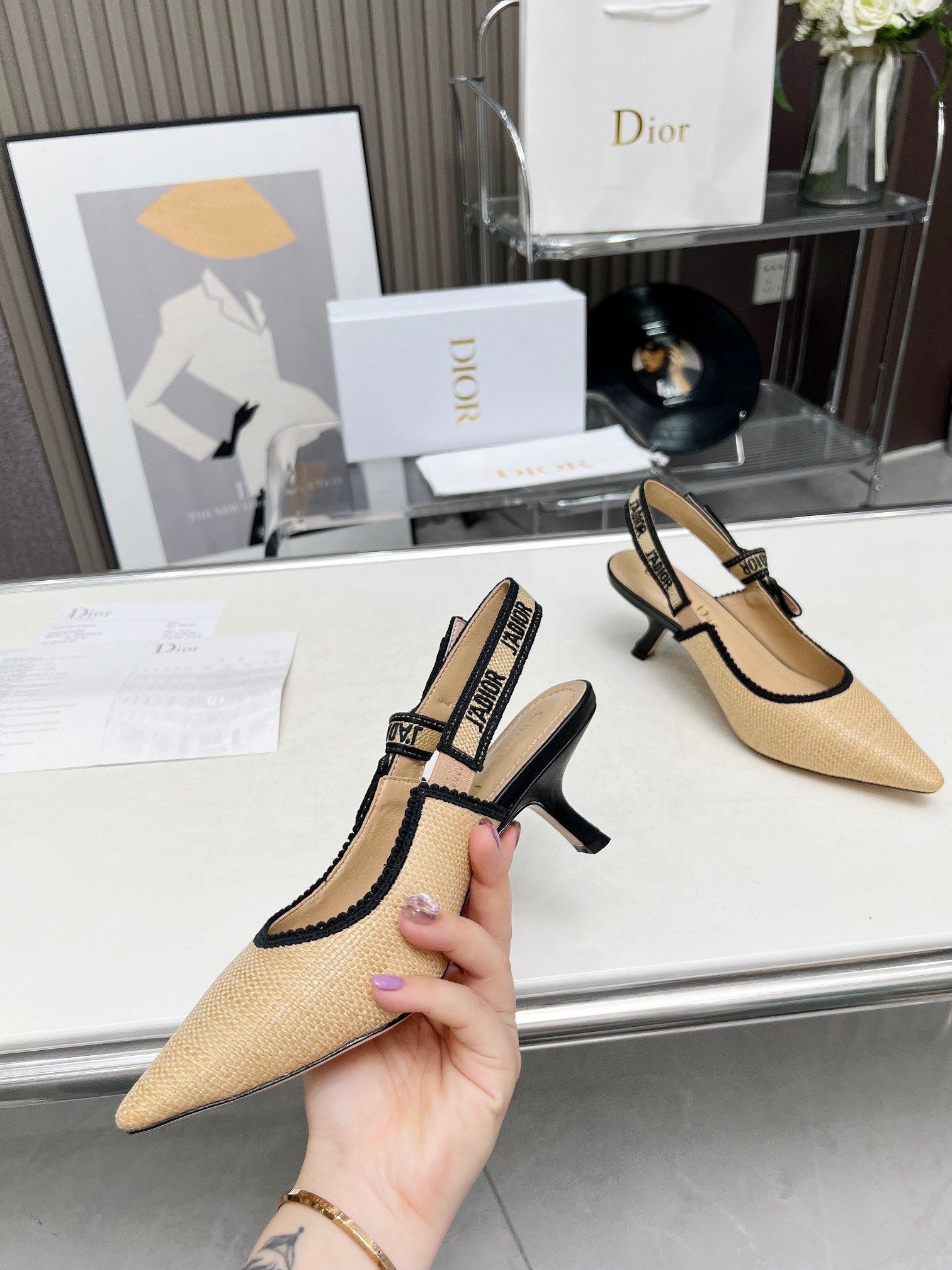 DIOR J'A SLINGBACK PUMP NATURAL RAFFIA AND BLACK EMBROIDERED COTTON 65 MM