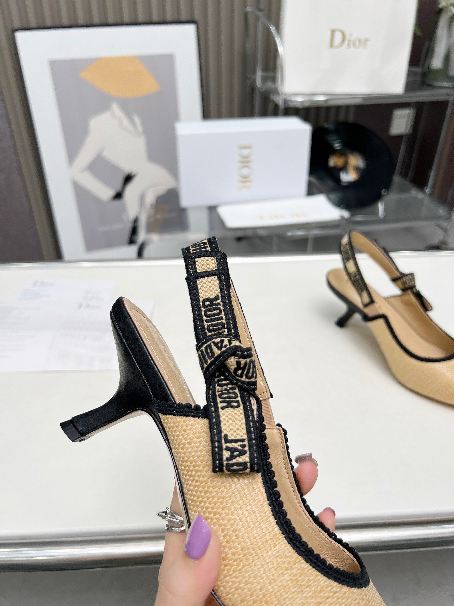 DIOR J'A SLINGBACK PUMP NATURAL RAFFIA AND BLACK EMBROIDERED COTTON 65 MM