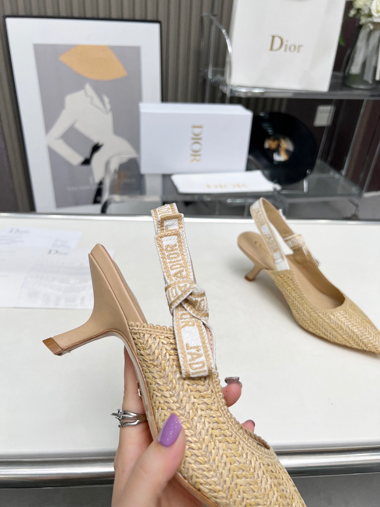 DIOR J'A SLINGBACK PUMP NATURAL RAFFIA AND BEIGE EMBROIDERED COTTON 65 MM
