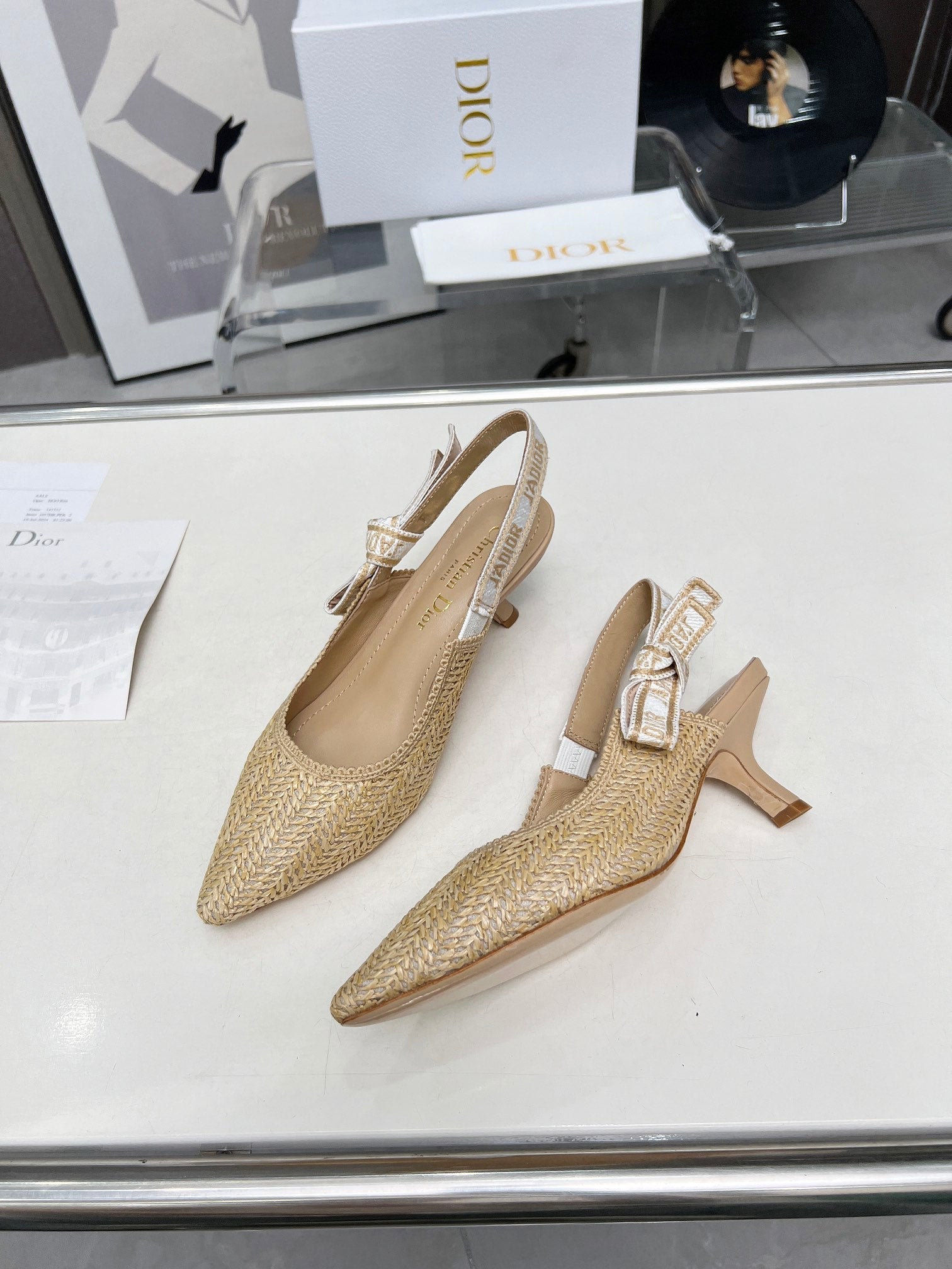 DIOR J'A SLINGBACK PUMP NATURAL RAFFIA AND BEIGE EMBROIDERED COTTON 65 MM