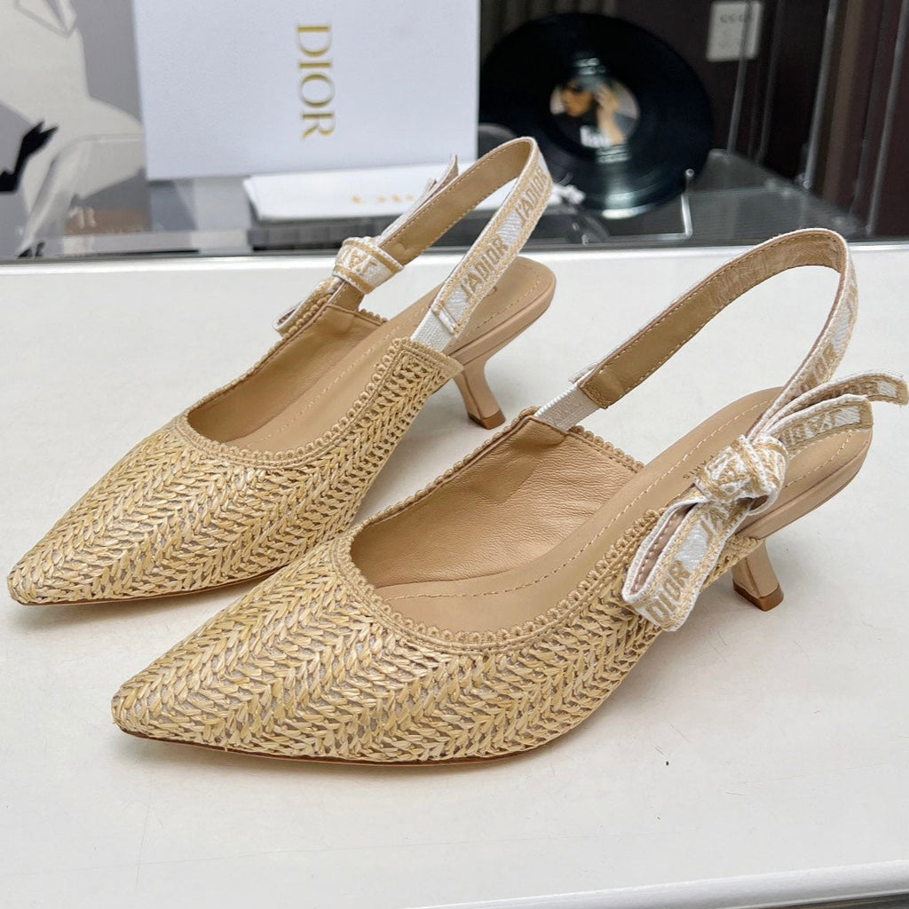 DIOR J'A SLINGBACK PUMP NATURAL RAFFIA AND BEIGE EMBROIDERED COTTON 65 MM