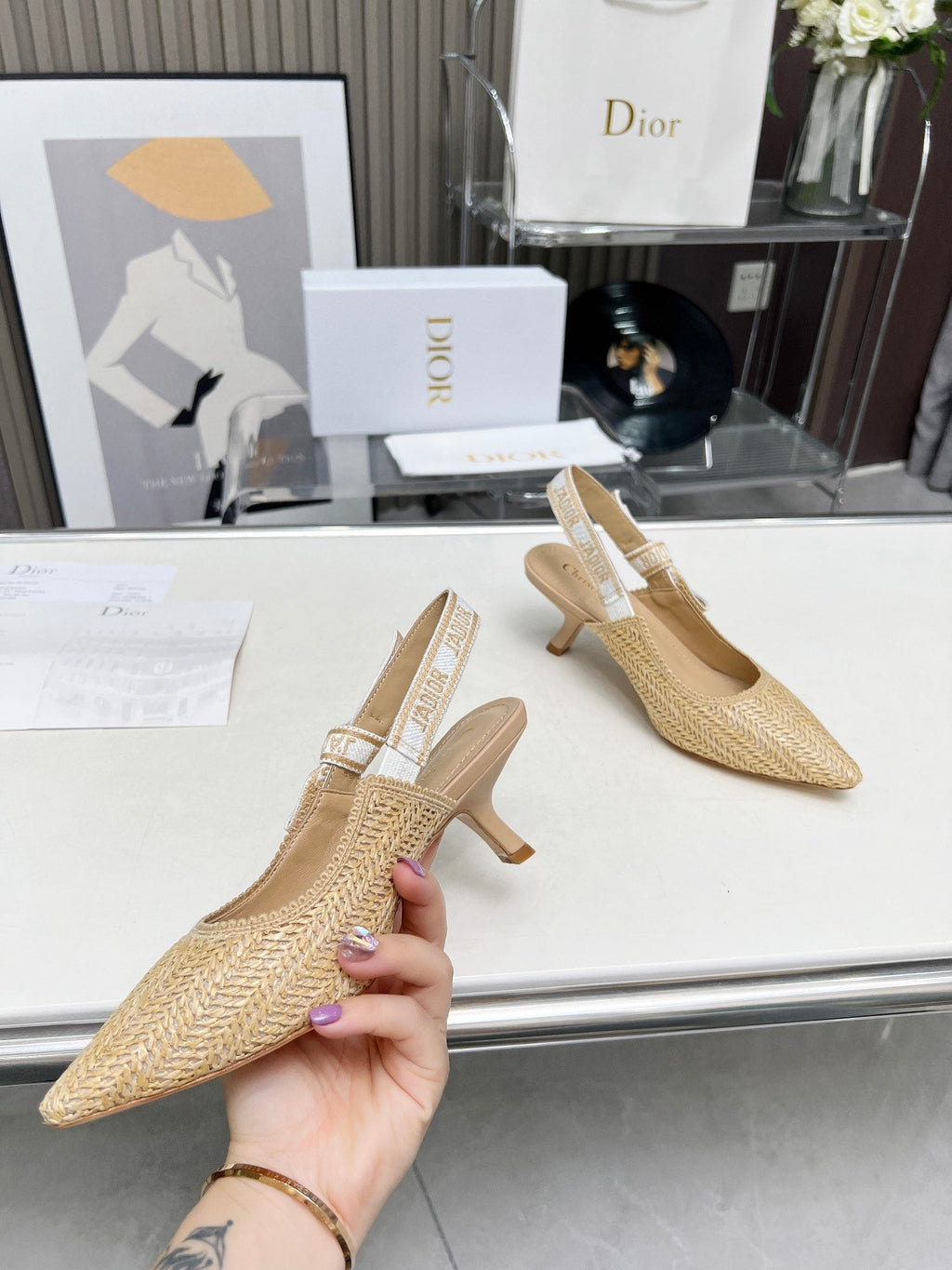 DIOR J'A SLINGBACK PUMP NATURAL RAFFIA AND BEIGE EMBROIDERED COTTON 65 MM