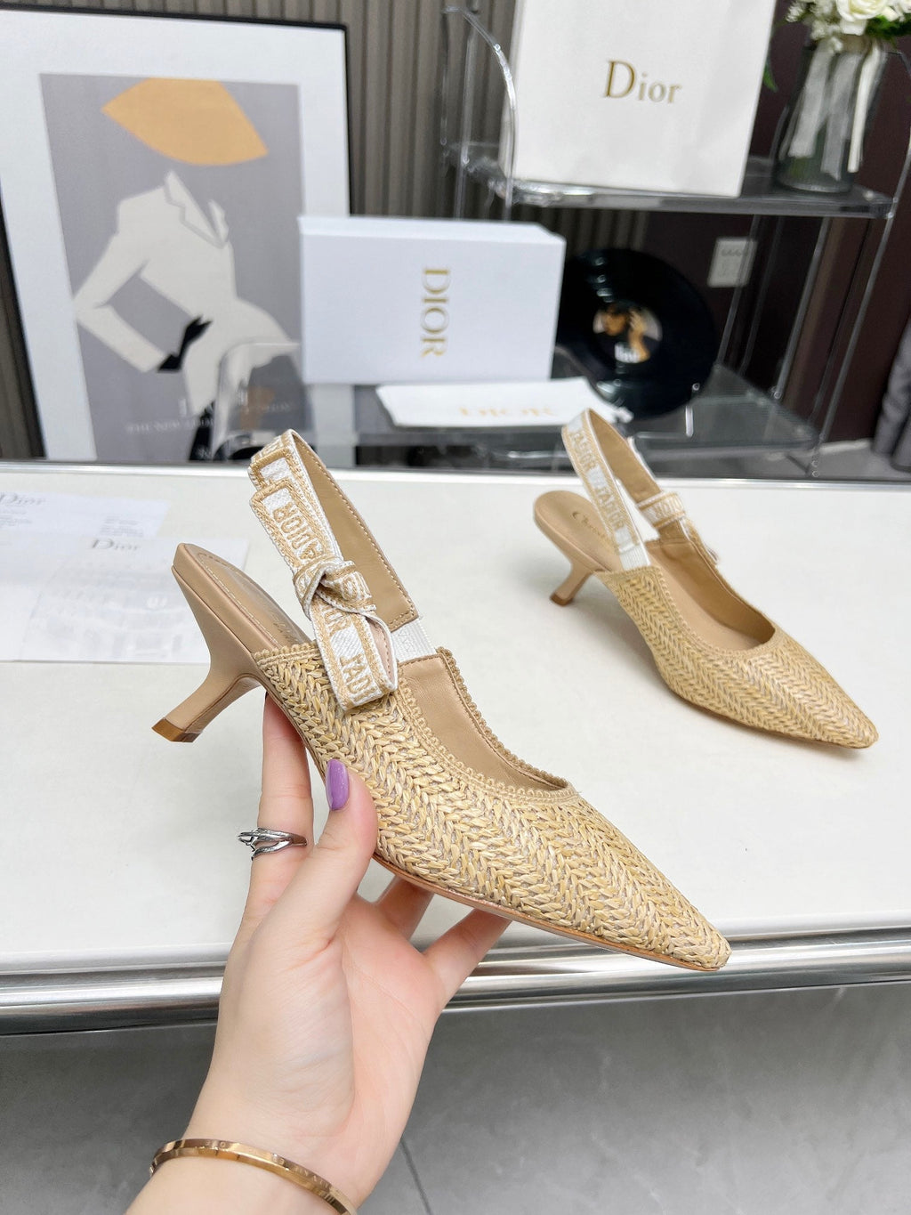 DIOR J'A SLINGBACK PUMP NATURAL RAFFIA AND BEIGE EMBROIDERED COTTON 65 MM