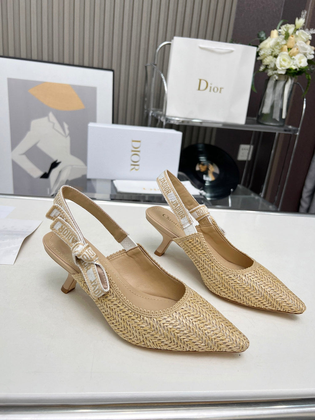 DIOR J'A SLINGBACK PUMP NATURAL RAFFIA AND BEIGE EMBROIDERED COTTON 65 MM