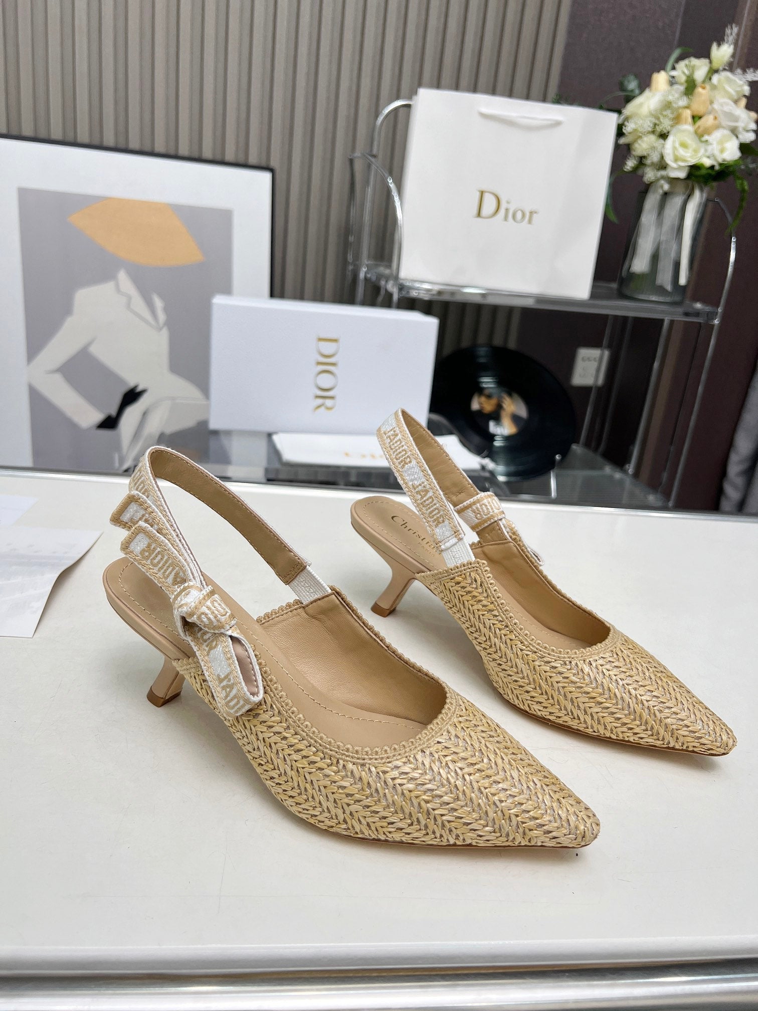 DIOR J'A SLINGBACK PUMP NATURAL RAFFIA AND BEIGE EMBROIDERED COTTON 65 MM