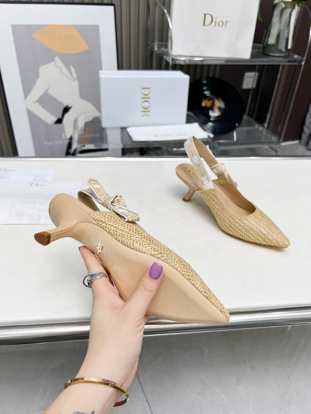 DIOR J'A SLINGBACK PUMP NATURAL RAFFIA AND BEIGE EMBROIDERED COTTON 65 MM