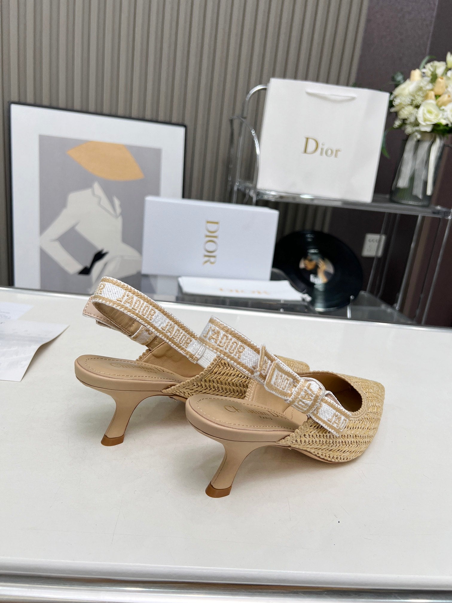 DIOR J'A SLINGBACK PUMP NATURAL RAFFIA AND BEIGE EMBROIDERED COTTON 65 MM
