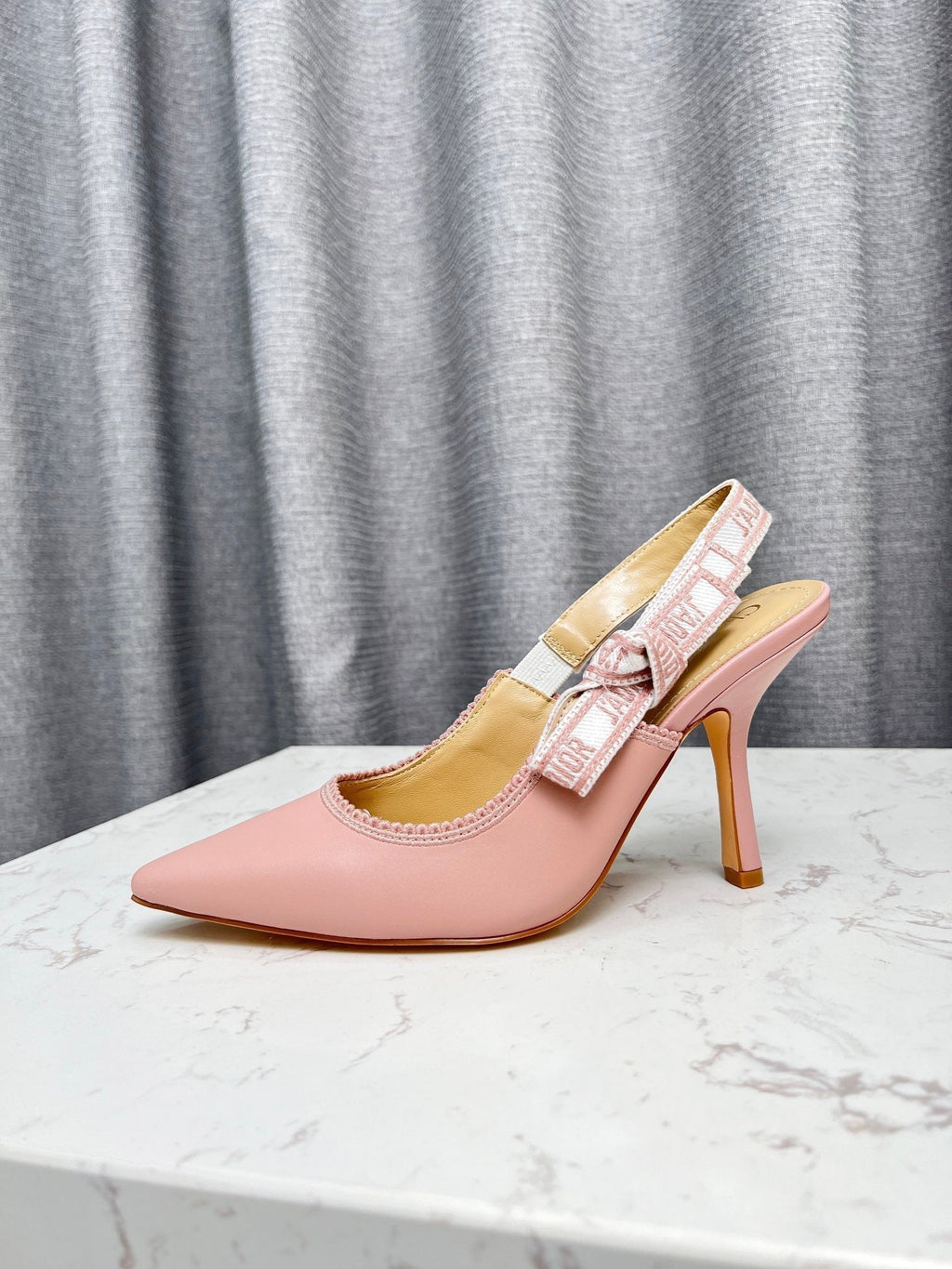 DIOR J'A SLINGBACK PUMP LIGHT PINK CALFSKIN AND EMBROIDERED FABRIC 10 CM