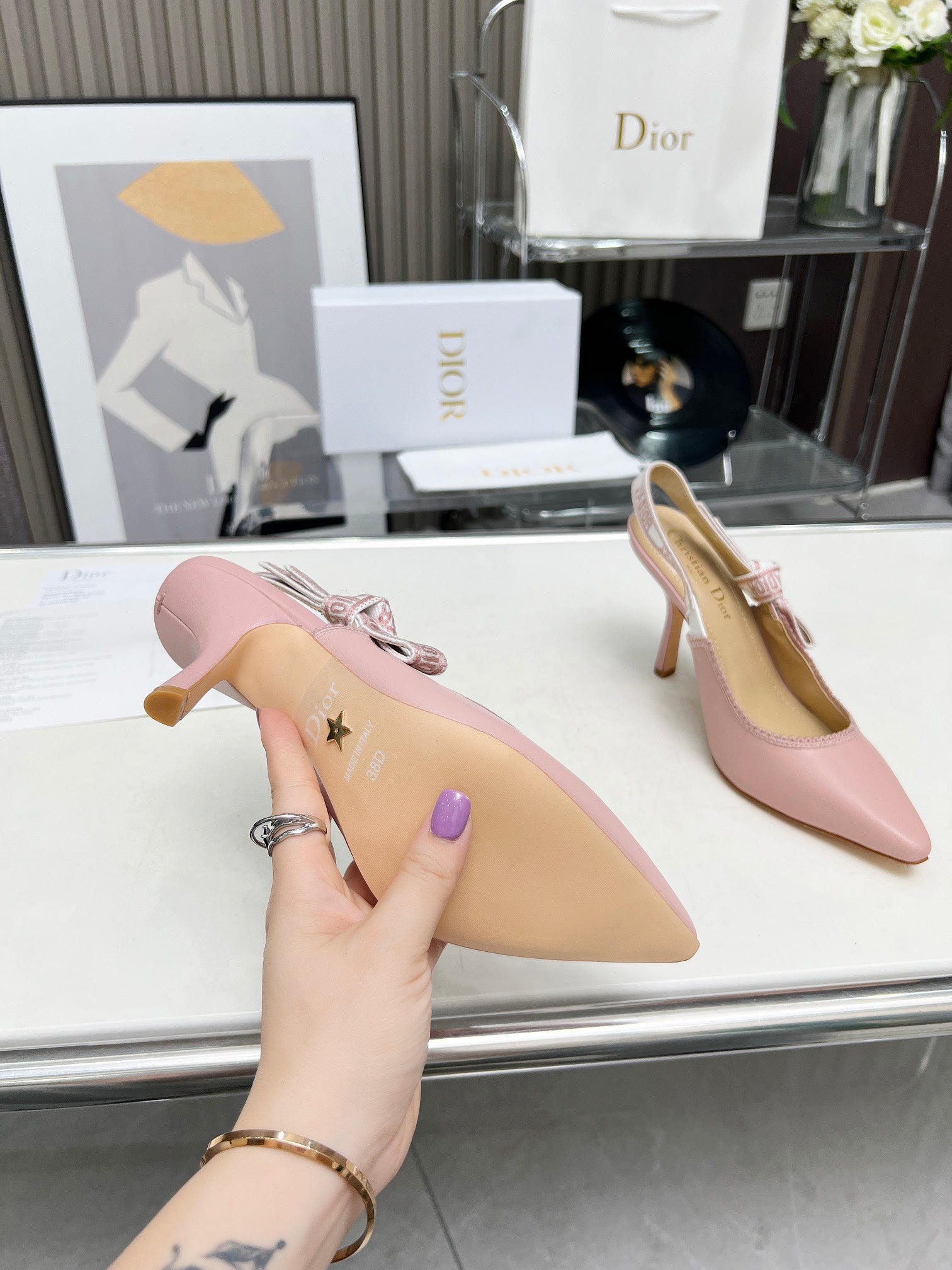DIOR J'A SLINGBACK PUMP LIGHT PINK CALFSKIN AND EMBROIDERED FABRIC 10 CM