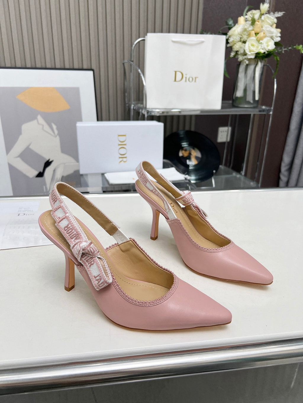 DIOR J'A SLINGBACK PUMP LIGHT PINK CALFSKIN AND EMBROIDERED FABRIC 10 CM