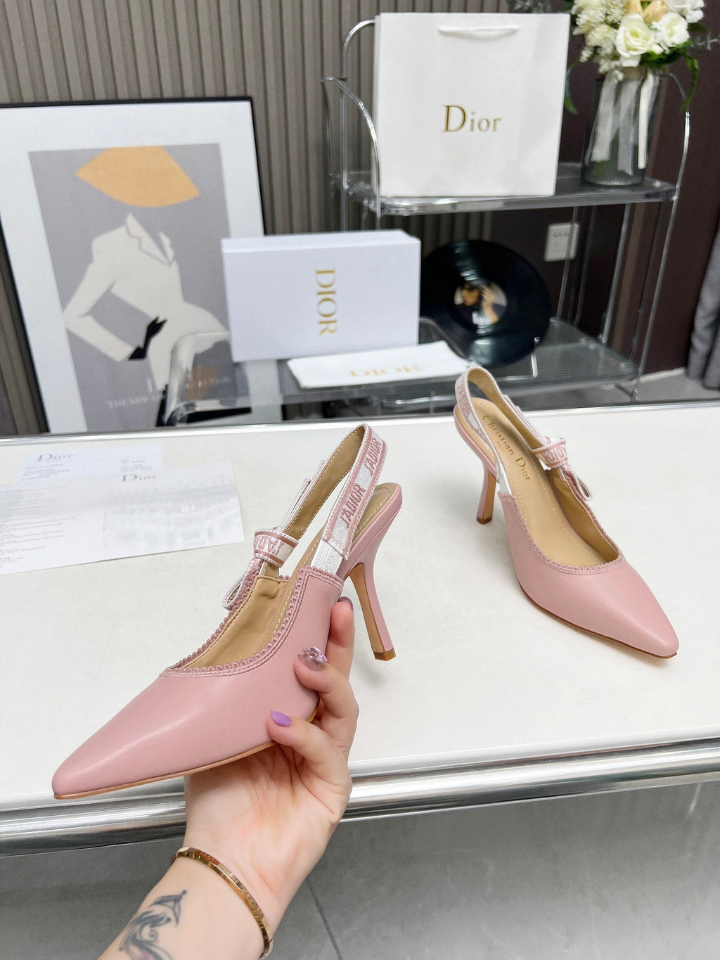 DIOR J'A SLINGBACK PUMP LIGHT PINK CALFSKIN AND EMBROIDERED FABRIC 10 CM
