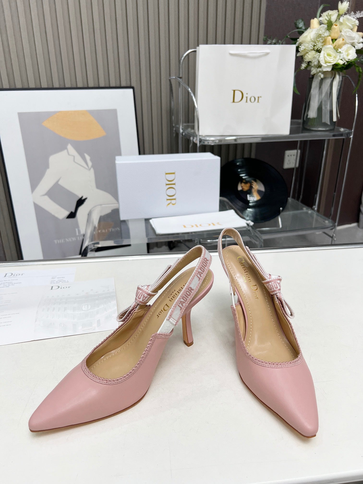 DIOR J'A SLINGBACK PUMP LIGHT PINK CALFSKIN AND EMBROIDERED FABRIC 10 CM