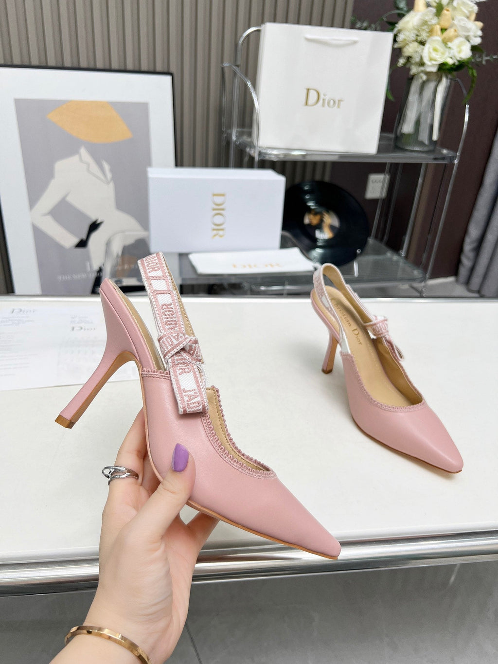 DIOR J'A SLINGBACK PUMP LIGHT PINK CALFSKIN AND EMBROIDERED FABRIC 10 CM