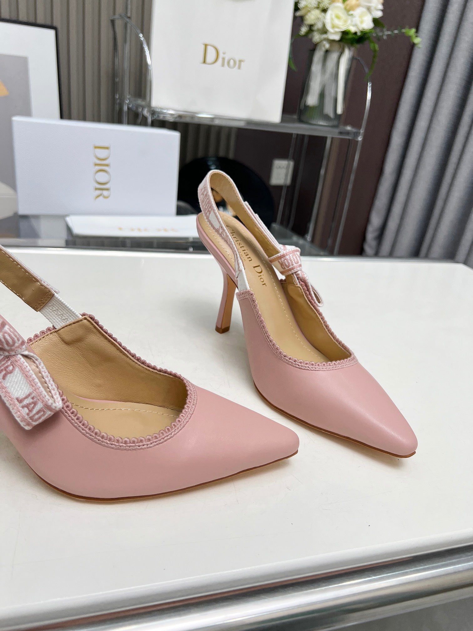 DIOR J'A SLINGBACK PUMP LIGHT PINK CALFSKIN AND EMBROIDERED FABRIC 10 CM