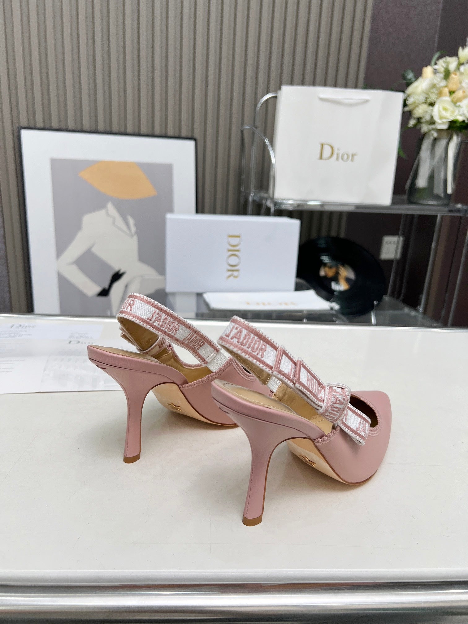 DIOR J'A SLINGBACK PUMP LIGHT PINK CALFSKIN AND EMBROIDERED FABRIC 10 CM