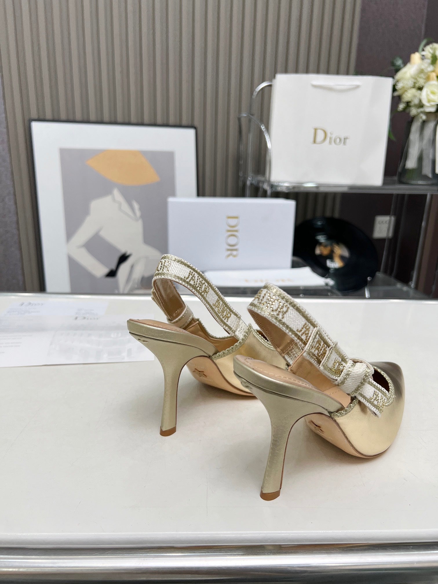 DIOR J'A SLINGBACK PUMP LIGHT GOLD CALFSKIN AND EMBROIDERED FABRIC 10 CM