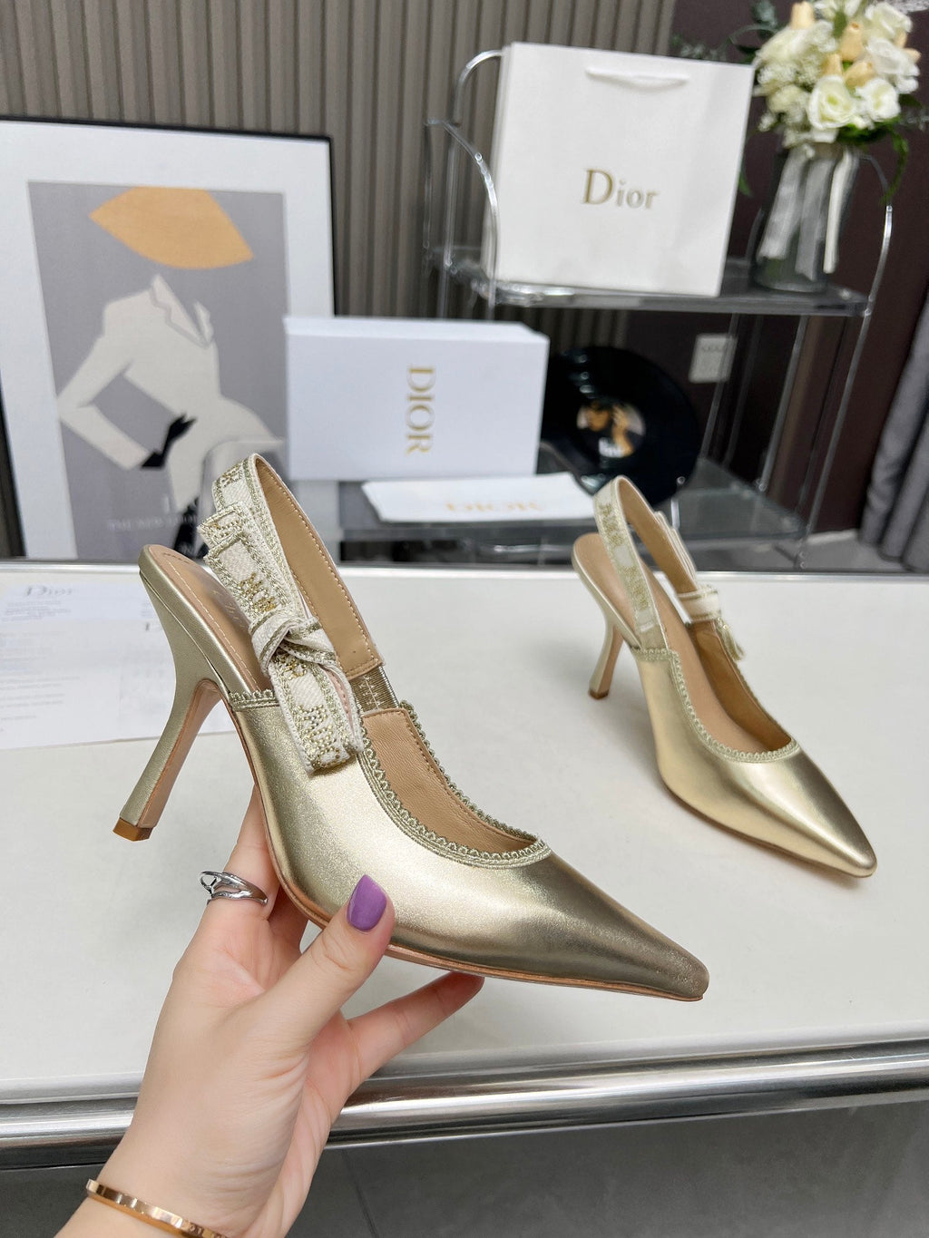 DIOR J'A SLINGBACK PUMP LIGHT GOLD CALFSKIN AND EMBROIDERED FABRIC 10 CM