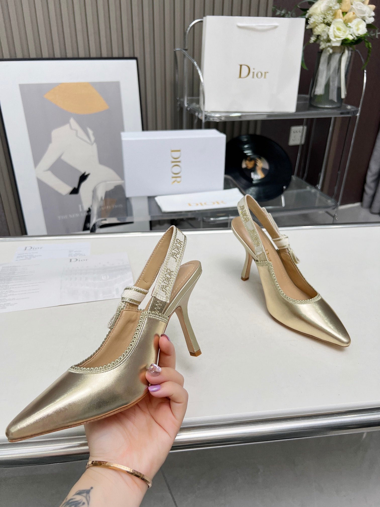 DIOR J'A SLINGBACK PUMP LIGHT GOLD CALFSKIN AND EMBROIDERED FABRIC 10 CM