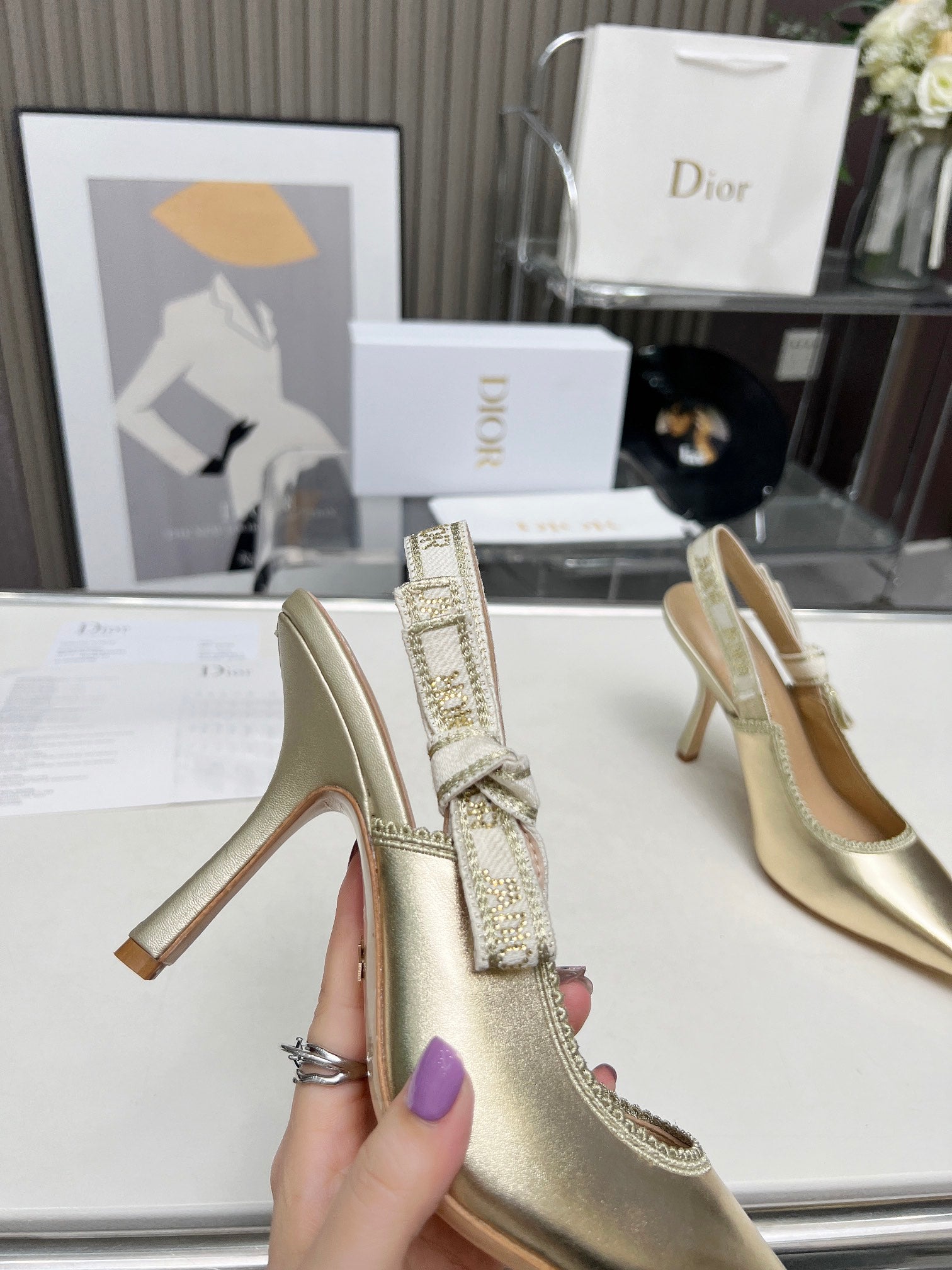 DIOR J'A SLINGBACK PUMP LIGHT GOLD CALFSKIN AND EMBROIDERED FABRIC 10 CM