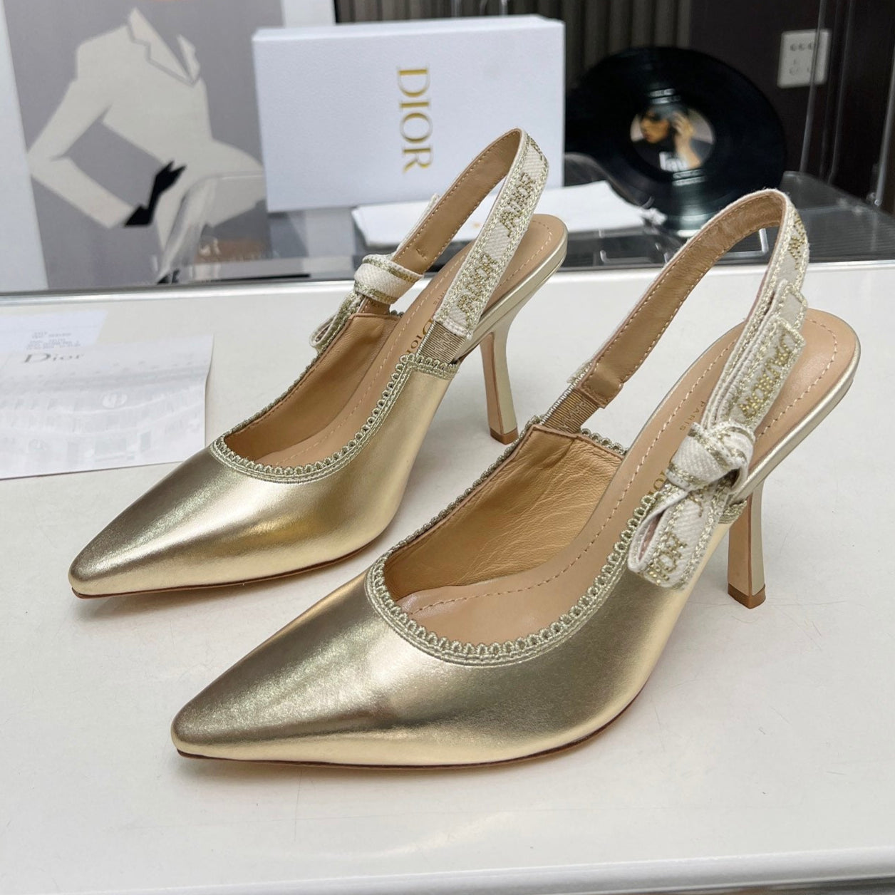 DIOR J'A SLINGBACK PUMP LIGHT GOLD CALFSKIN AND EMBROIDERED FABRIC 10 CM