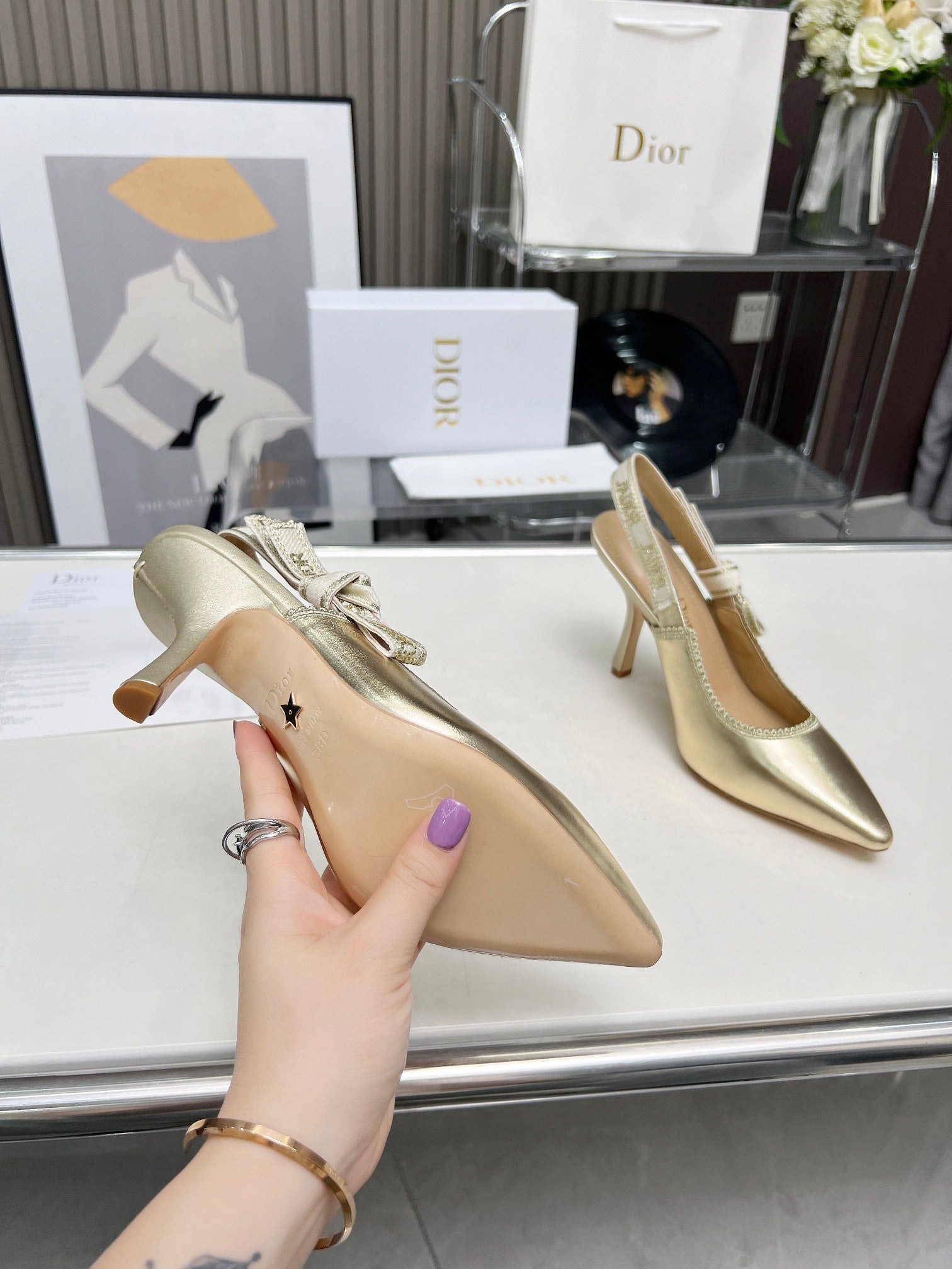 DIOR J'A SLINGBACK PUMP LIGHT GOLD CALFSKIN AND EMBROIDERED FABRIC 10 CM