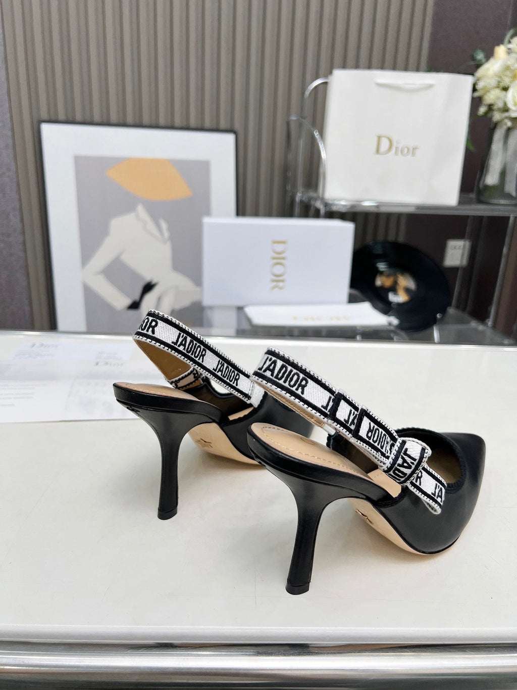 DIOR J'A SLINGBACK PUMP BLACK CALFSKIN AND BLACK EMBROIDERED FABRIC 10 CM