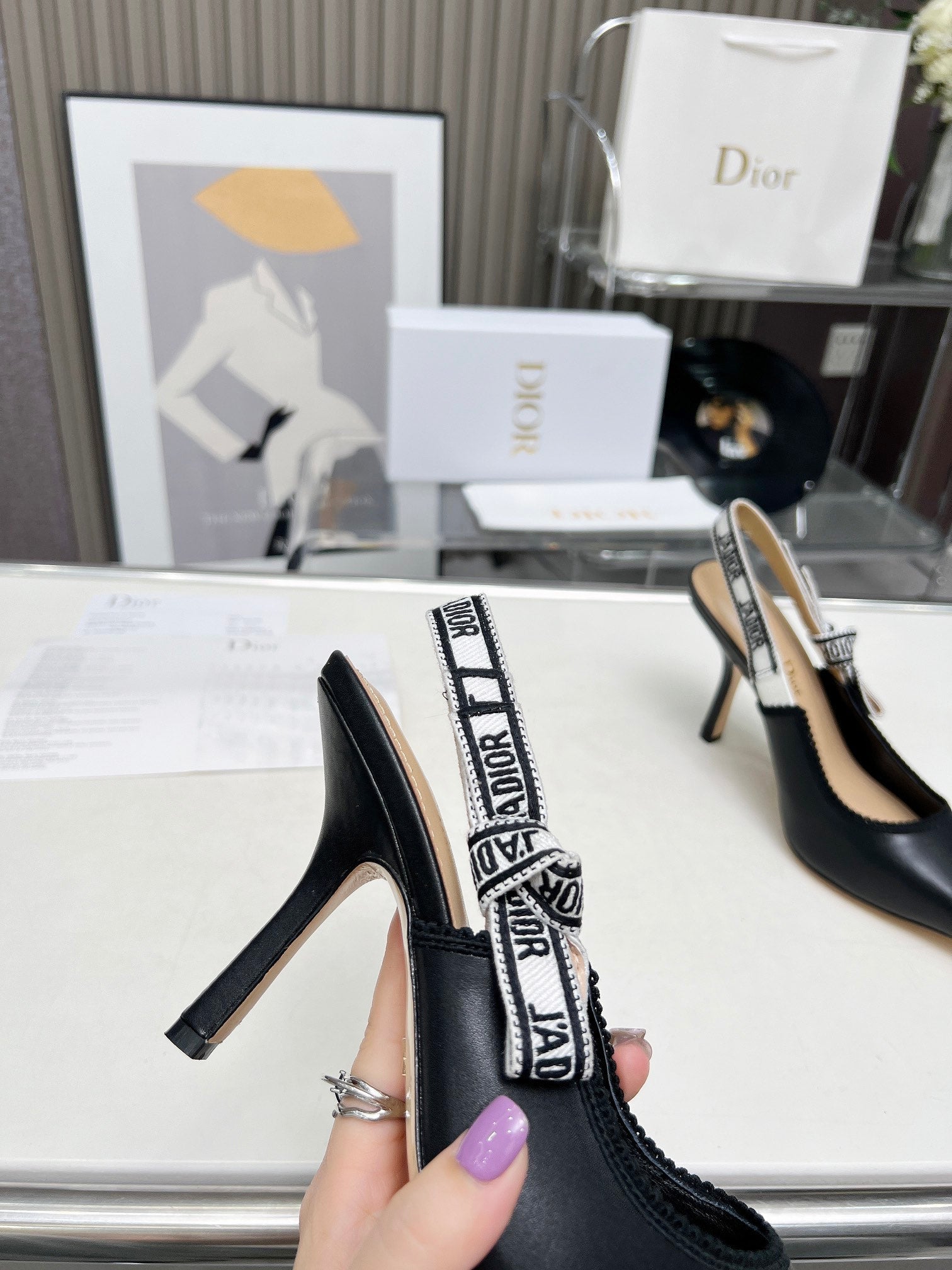 DIOR J'A SLINGBACK PUMP BLACK CALFSKIN AND BLACK EMBROIDERED FABRIC 10 CM