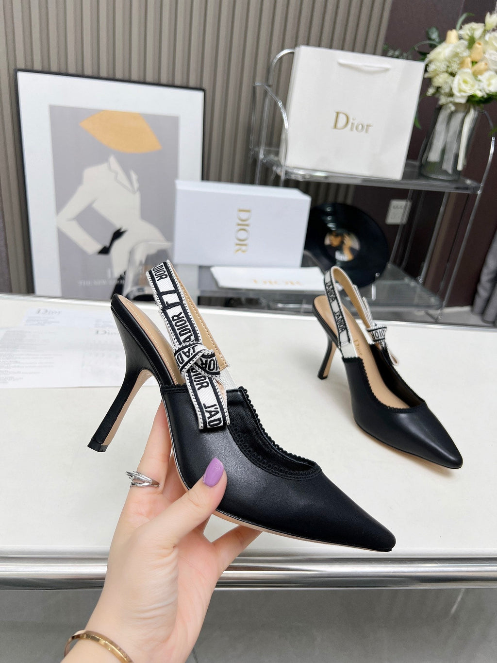 DIOR J'A SLINGBACK PUMP BLACK CALFSKIN AND BLACK EMBROIDERED FABRIC 10 CM