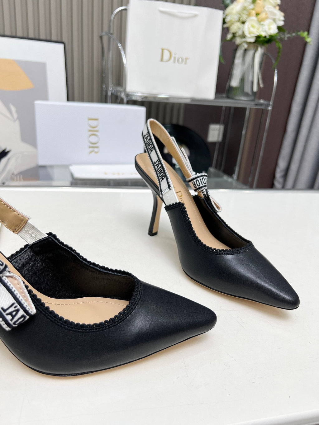 DIOR J'A SLINGBACK PUMP BLACK CALFSKIN AND BLACK EMBROIDERED FABRIC 10 CM