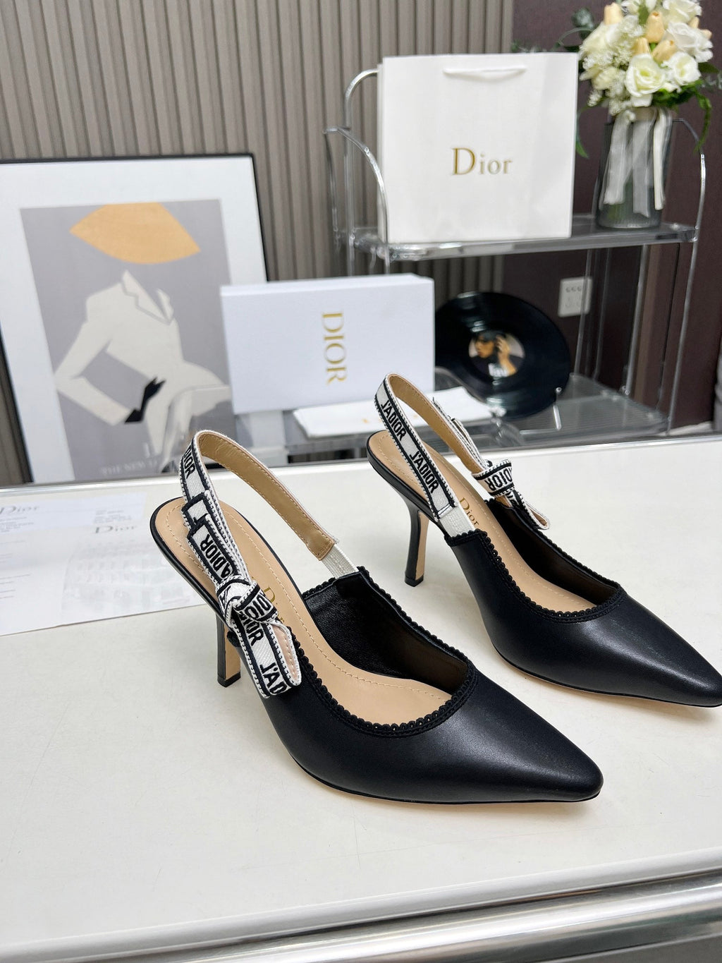 DIOR J'A SLINGBACK PUMP BLACK CALFSKIN AND BLACK EMBROIDERED FABRIC 10 CM