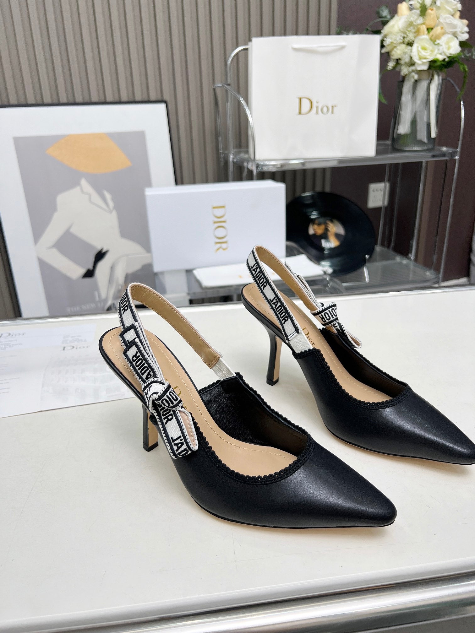 DIOR J'A SLINGBACK PUMP BLACK CALFSKIN AND BLACK EMBROIDERED FABRIC 10 CM