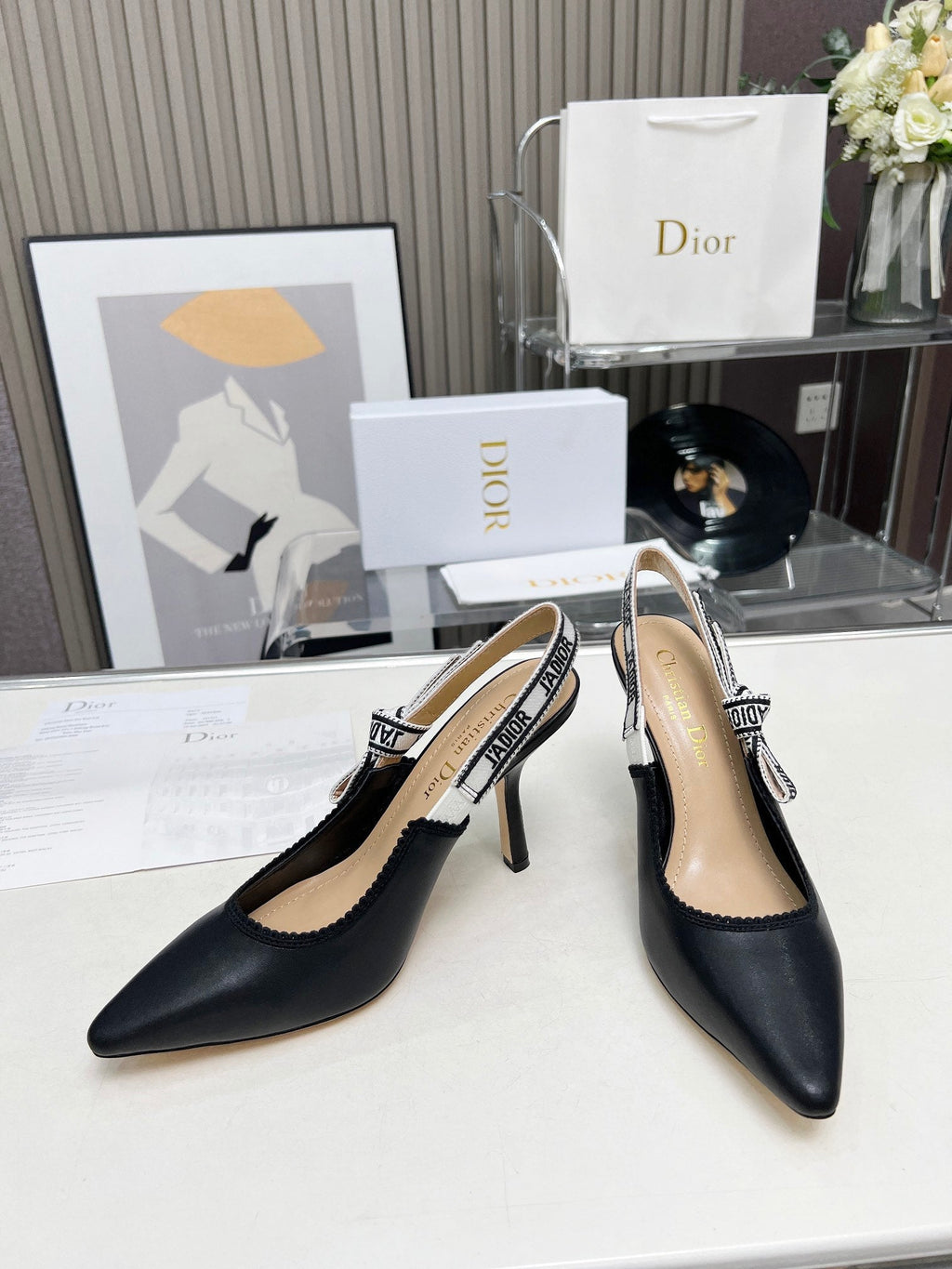 DIOR J'A SLINGBACK PUMP BLACK CALFSKIN AND BLACK EMBROIDERED FABRIC 10 CM