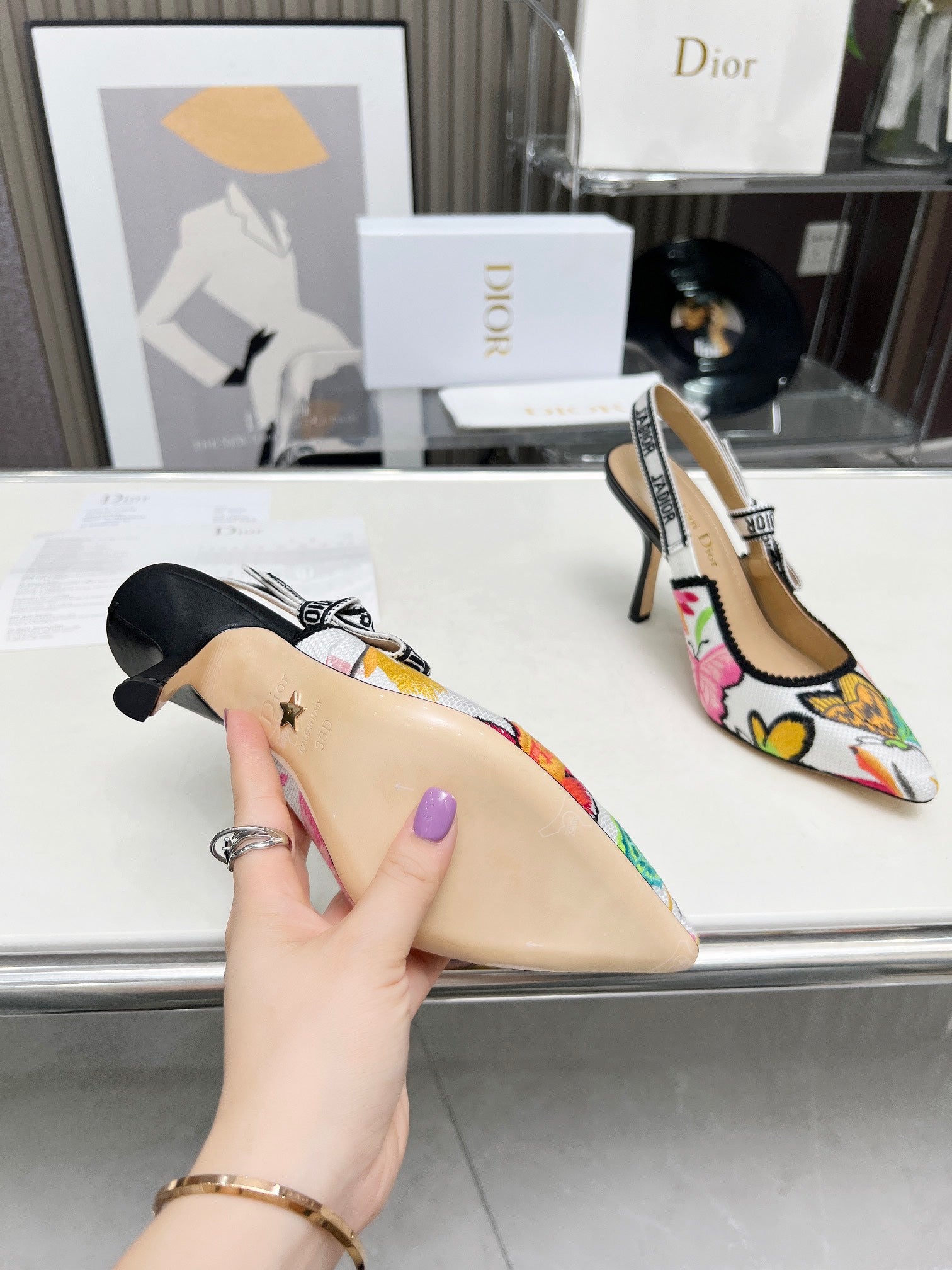 DIOR J'A SLINGBACK PUMP COLORFUL NATURAL RAFFIA AND EMBROIDERED COTTON 10 CM 130857