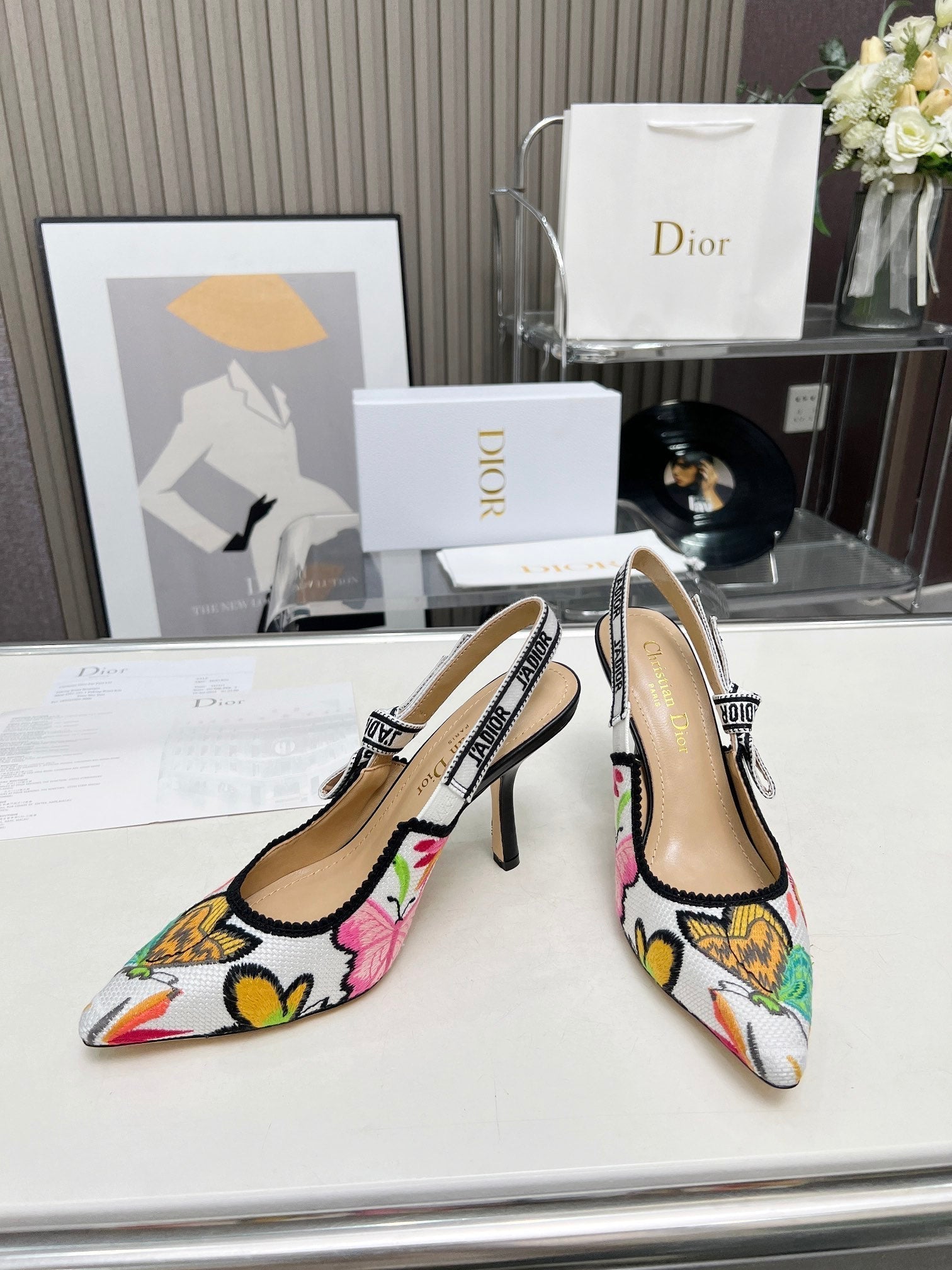 DIOR J'A SLINGBACK PUMP COLORFUL NATURAL RAFFIA AND EMBROIDERED COTTON 10 CM 130857