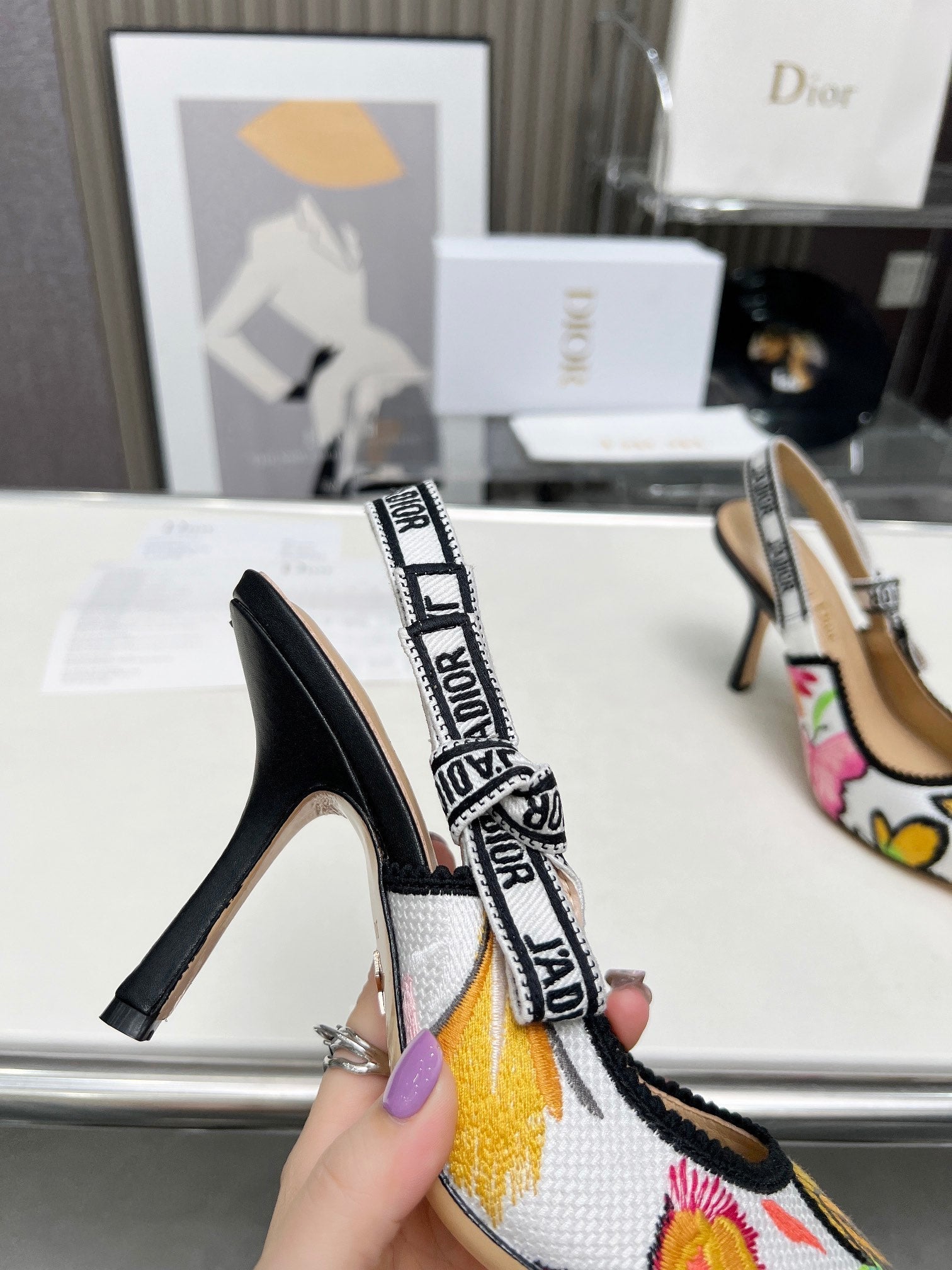 DIOR J'A SLINGBACK PUMP COLORFUL NATURAL RAFFIA AND EMBROIDERED COTTON 10 CM 130857